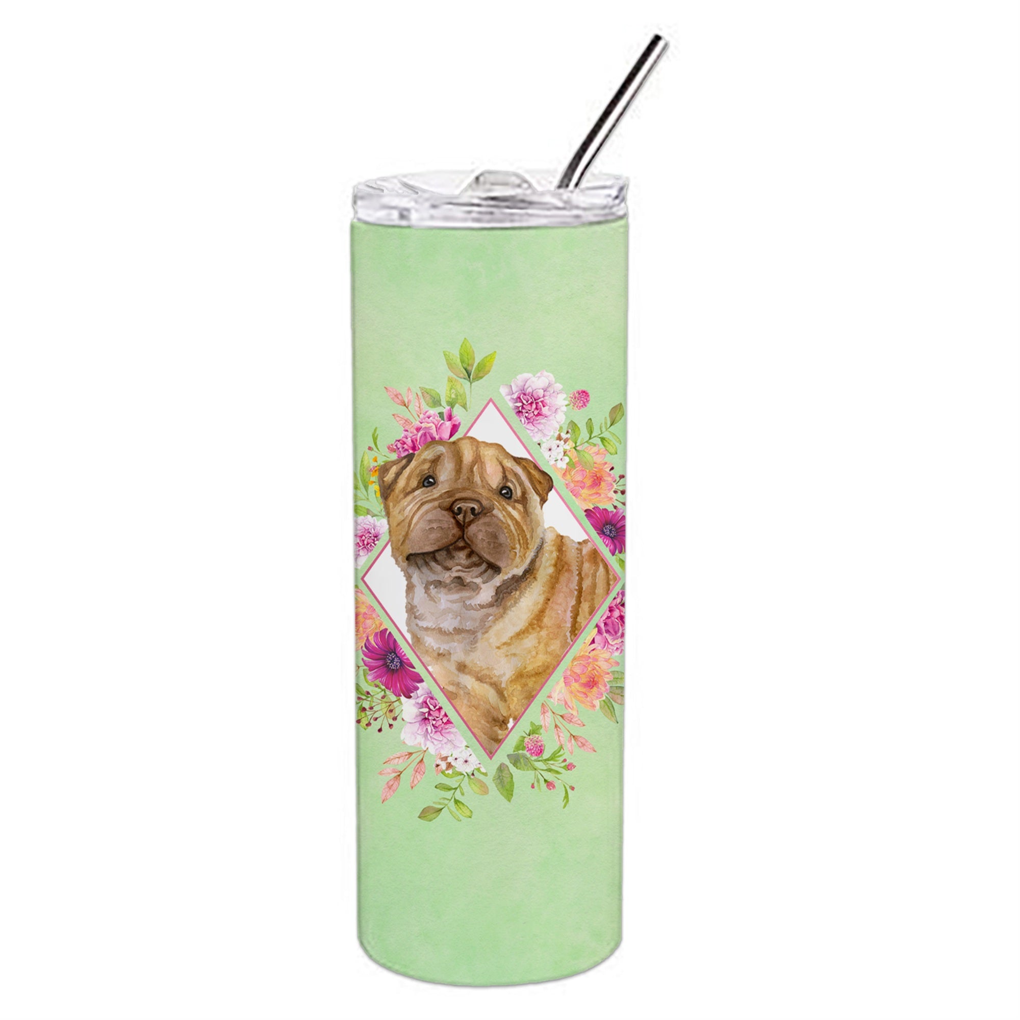 'Caroline'S Treasures Shar Pei Green Flowers Double Walled Stainless Steel 20 Oz Skinny Travel-Insulated-Tumblers, Multicolor''
