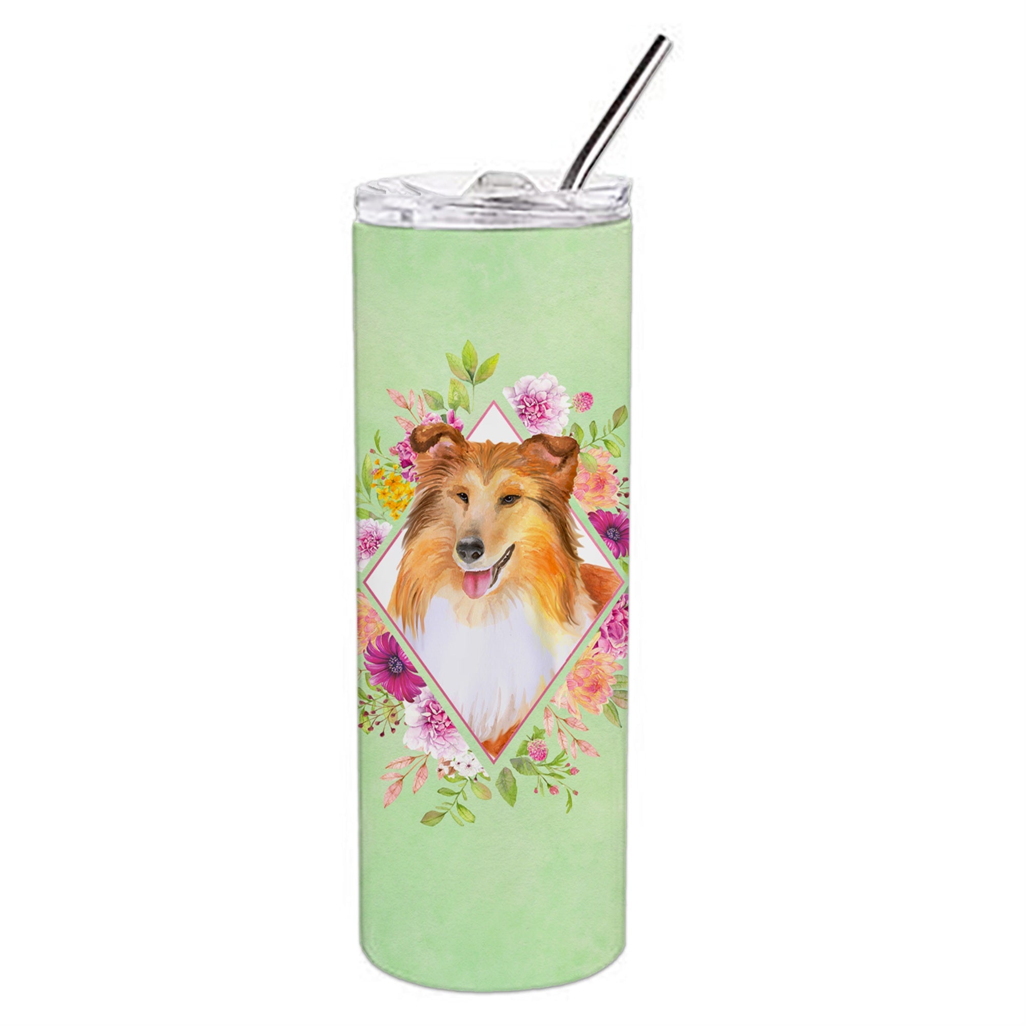 'Caroline'S Treasures Sheltie Green Flowers Stainless Steel 20 Oz Skinny Travel-Insulated-Tumblers, Multicolor''