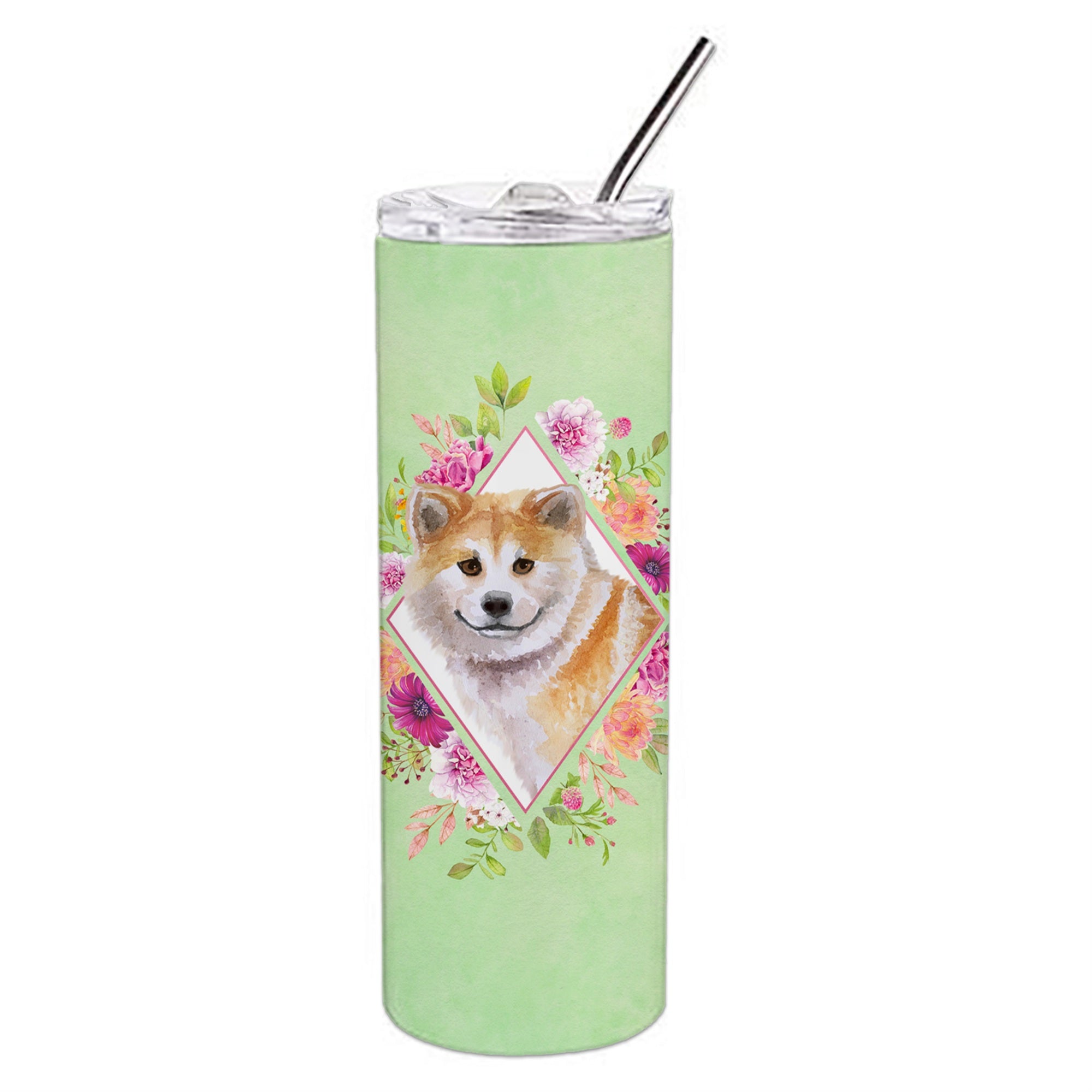 'Caroline'S Treasures Shiba Inu Green Flowers Double Walled Stainless Steel 20 Oz Skinny Travel-Insulated-Tumblers, Multicolor'