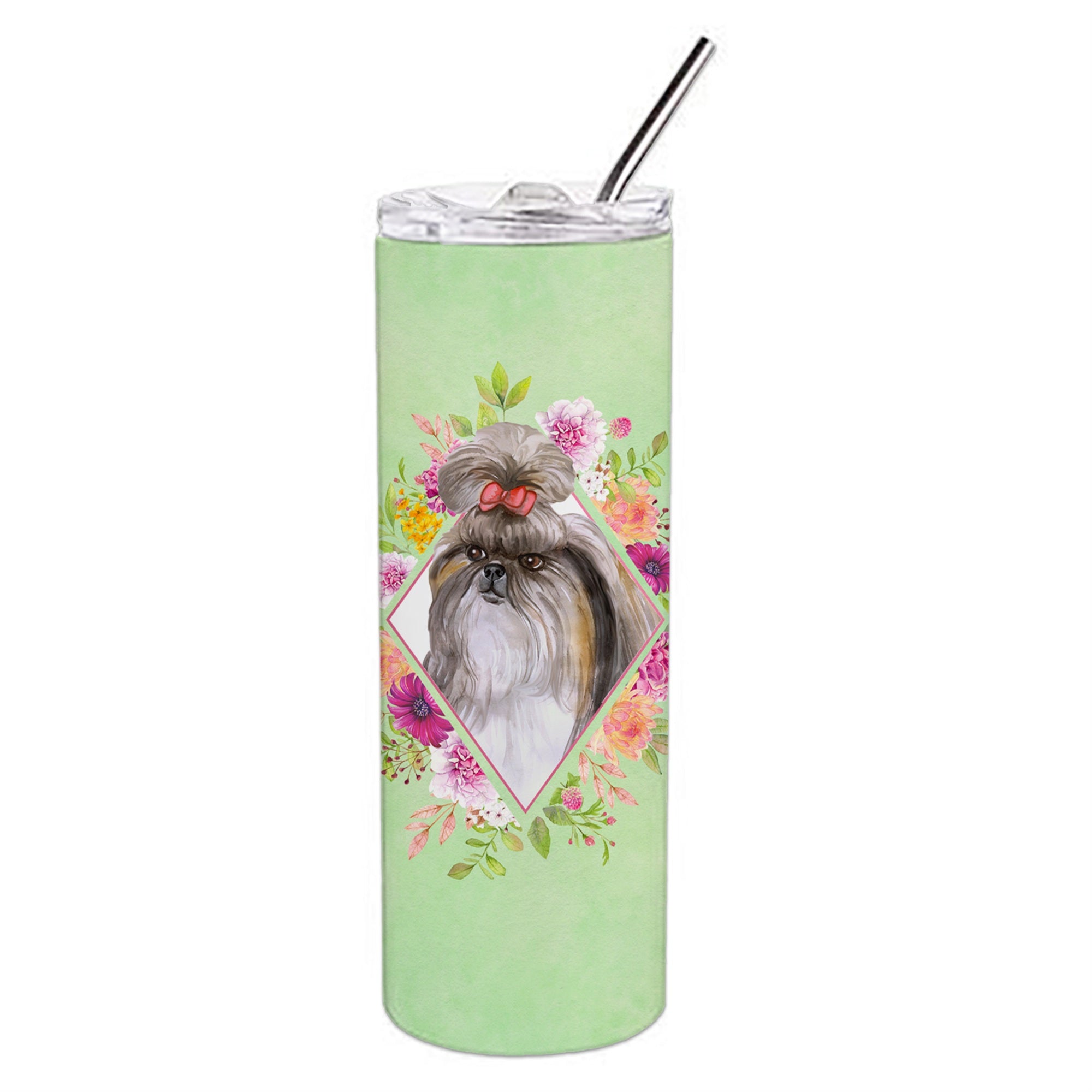'Caroline'S Treasures Shih Tzu Green Flowers Double Walled Stainless Steel 20 Oz Skinny Travel-Insulated-Tumblers, Multicolor''