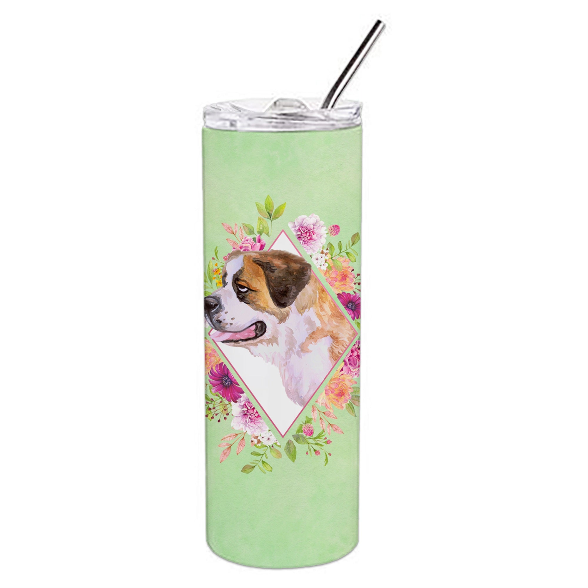 'Caroline'S Treasures Saint Bernard #1 Green Flowers Double Walled Stainless Steel 20 Oz Skinny Travel-Insulated-Tumblers, Mult