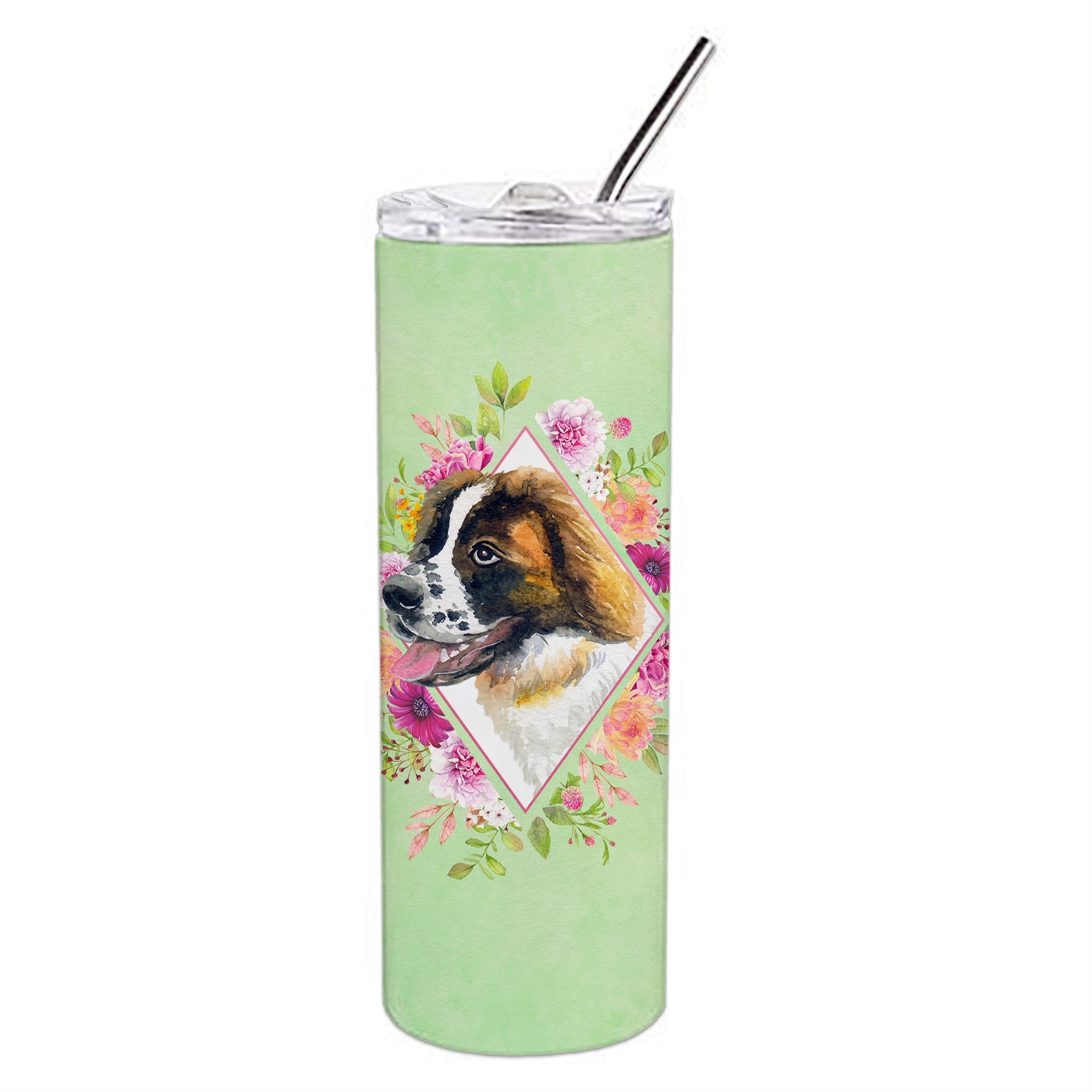 'Caroline'S Treasures Saint Bernard #2 Green Flowers Double Walled Stainless Steel 20 Oz Skinny Travel-Insulated-Tumblers, Mult