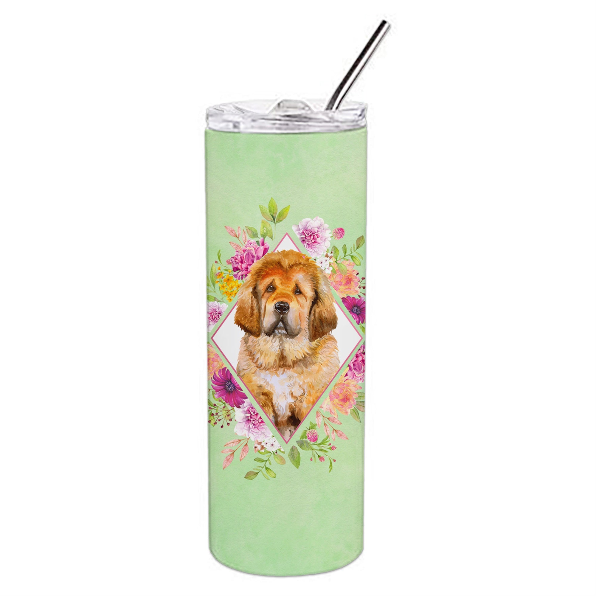 'Caroline'S Treasures Tibetian Mastiff Puppy Green Flowers Stainless Steel 20 Oz Skinny Travel-Insulated-Tumblers, Multicolor''