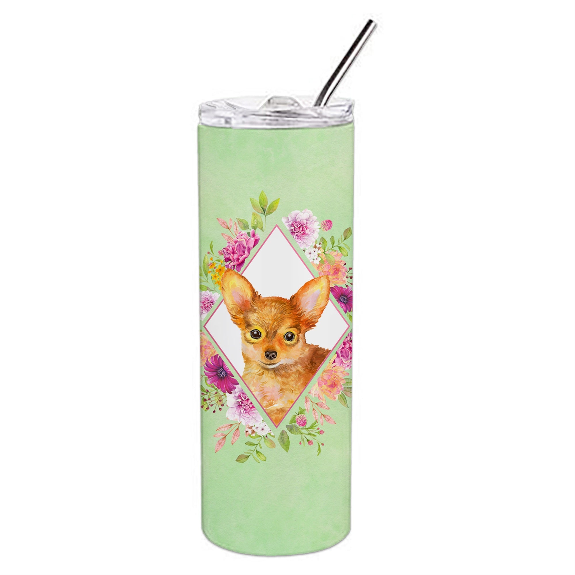 'Caroline'S Treasures Toy Terrier Green Flowers Double Walled Stainless Steel 20 Oz Skinny Travel-Insulated-Tumblers, Multicolo