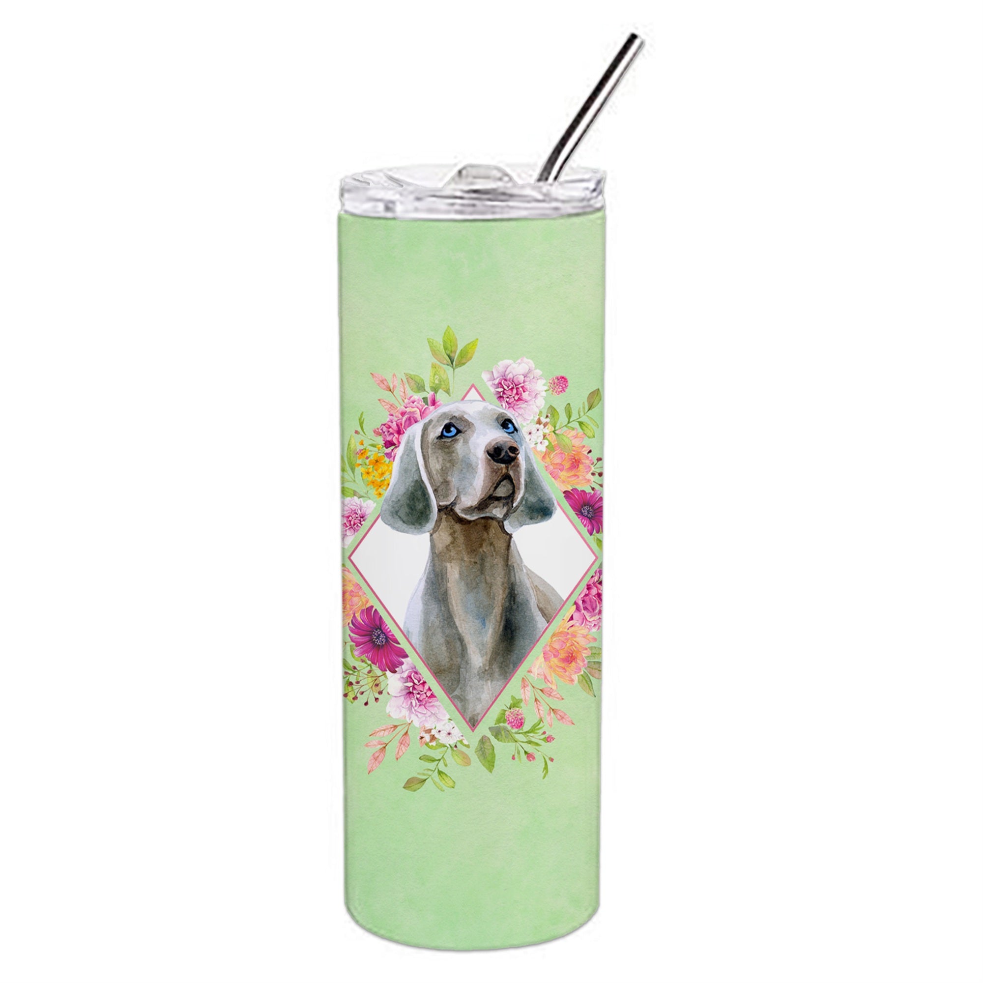 'Caroline'S Treasures Weimaraner Green Flowers Double Walled Stainless Steel 20 Oz Skinny Travel-Insulated-Tumblers, Multicolor