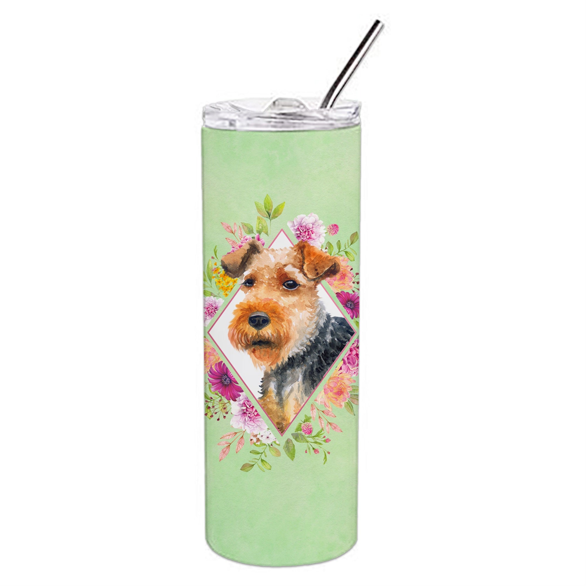 'Caroline'S Treasures Welsh Terrier Green Flowers Double Walled Stainless Steel 20 Oz Skinny Travel-Insulated-Tumblers, Multico