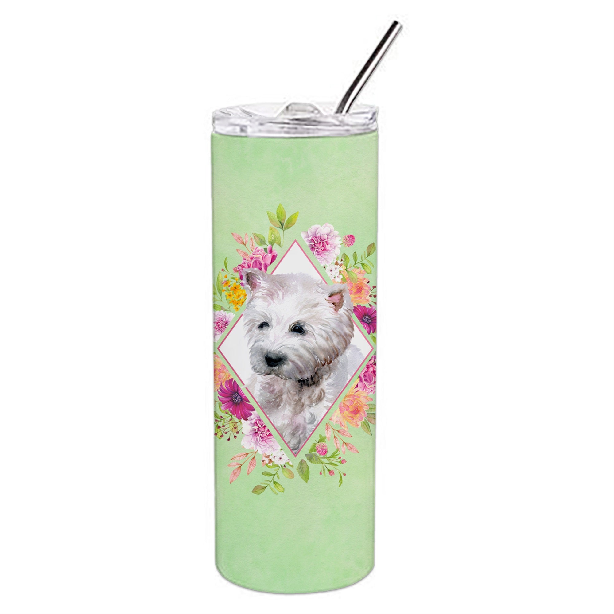 'Caroline'S Treasures Westie Green Flowers Double Walled Stainless Steel 20 Oz Skinny Travel-Insulated-Tumblers, Multicolor''