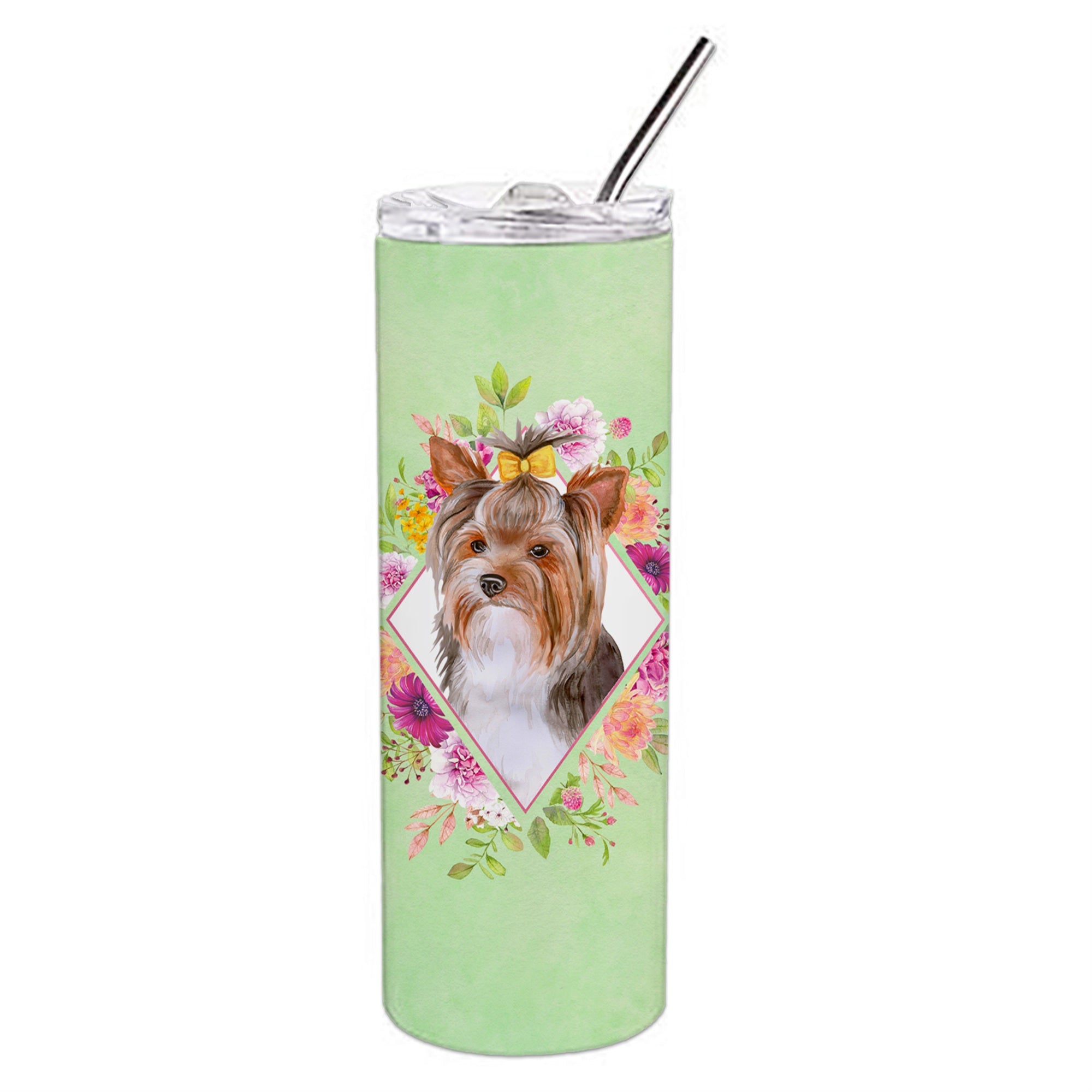 'Caroline'S Treasures Yorkshire Terrier #1 Green Flowers Double Walled Stainless Steel 20 Oz Skinny Travel-Insulated-Tumblers,