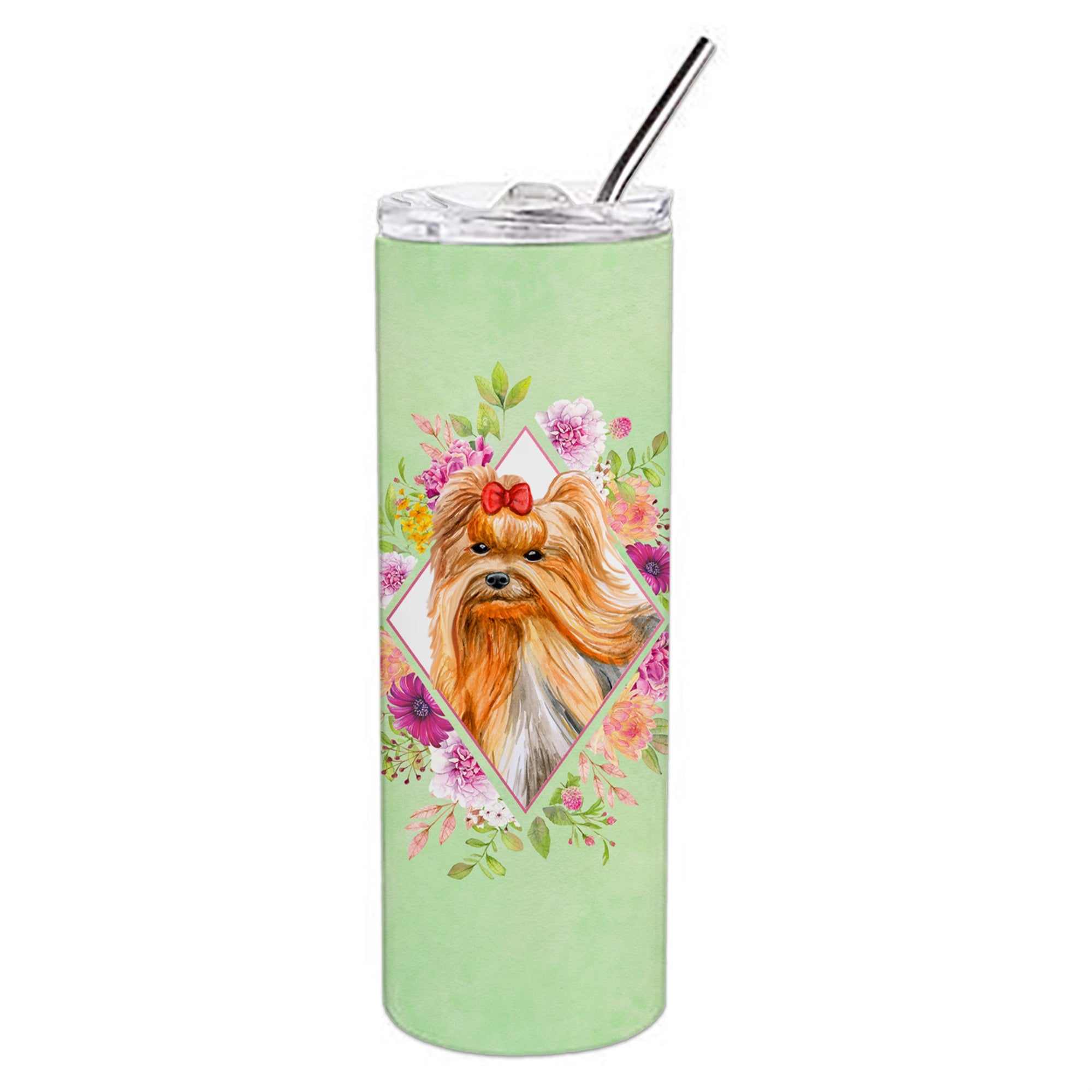 'Caroline'S Treasures Yorkshire Terrier #2 Green Flowers Double Walled Stainless Steel 20 Oz Skinny Travel-Insulated-Tumblers,