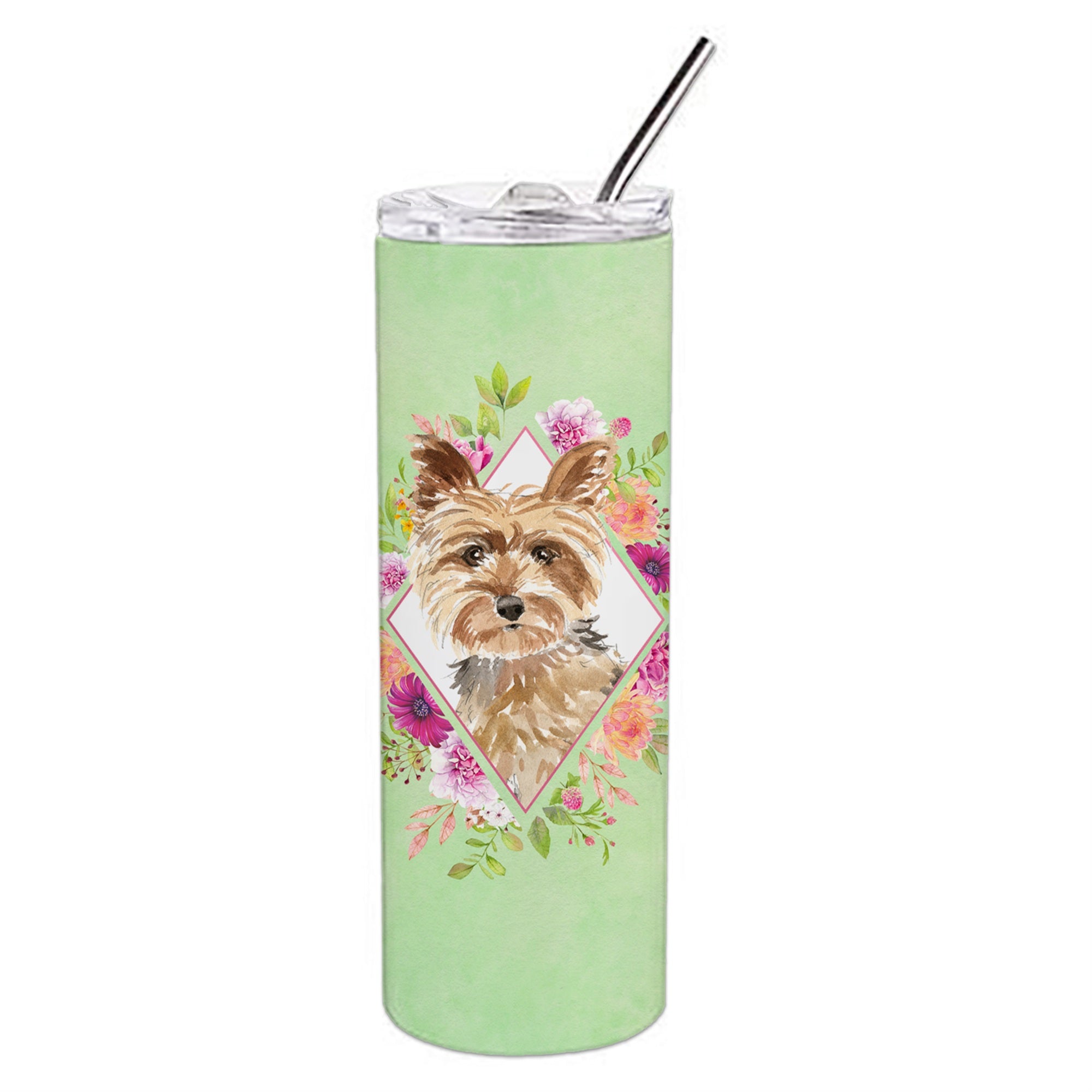 'Caroline'S Treasures Yorkie Green Flowers Double Walled Stainless Steel 20 Oz Skinny Travel-Insulated-Tumblers, Multicolor''