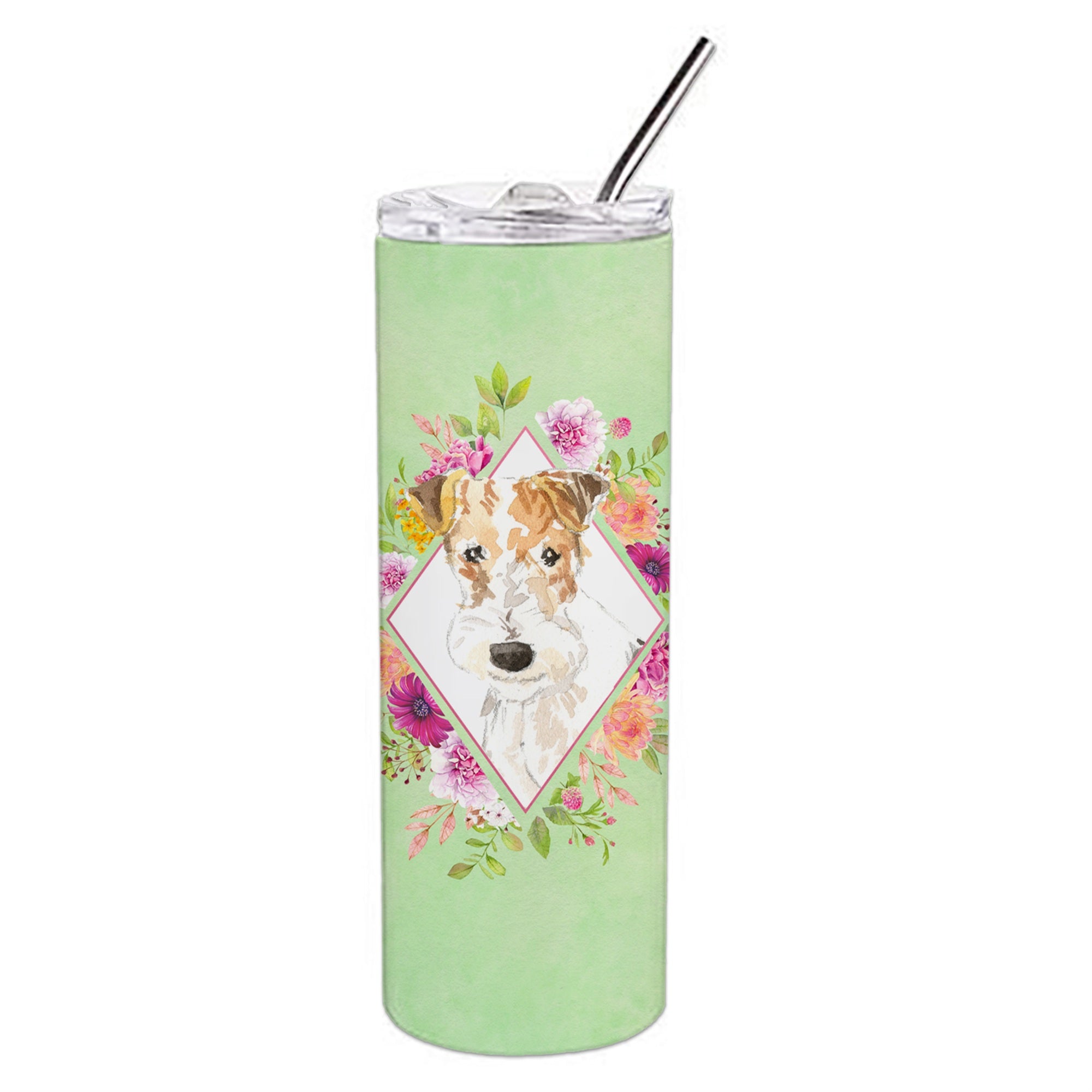 'Caroline'S Treasures Fox Terrier Green Flowers Double Walled Stainless Steel 20 Oz Skinny Travel-Insulated-Tumblers, Multicolo