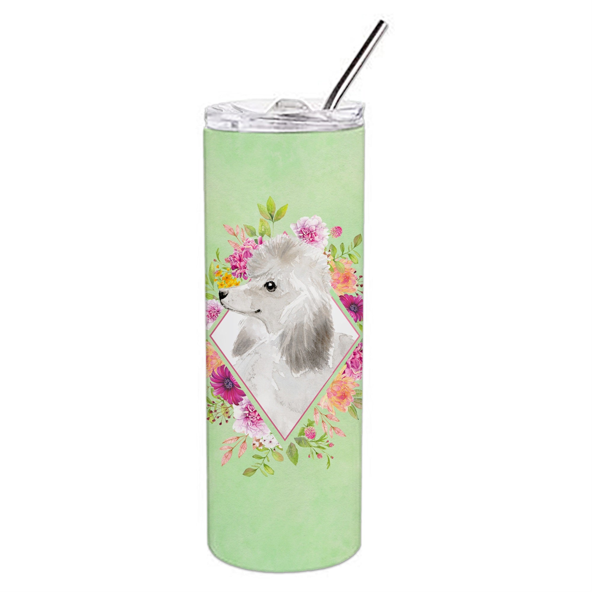 'Caroline'S Treasures White Standard Poodle Green Flowers Stainless Steel 20 Oz Skinny Travel-Insulated-Tumblers, Multicolor''