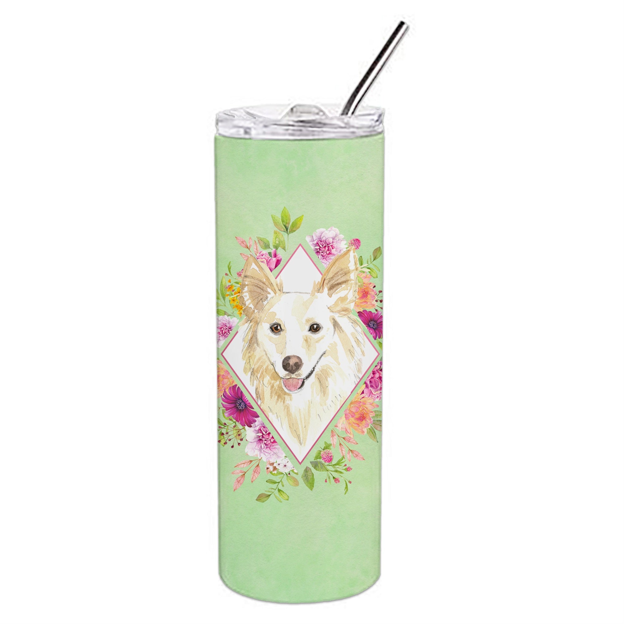 'Caroline'S Treasures White Collie Green Flowers Double Walled Stainless Steel 20 Oz Skinny Travel-Insulated-Tumblers, Multicol
