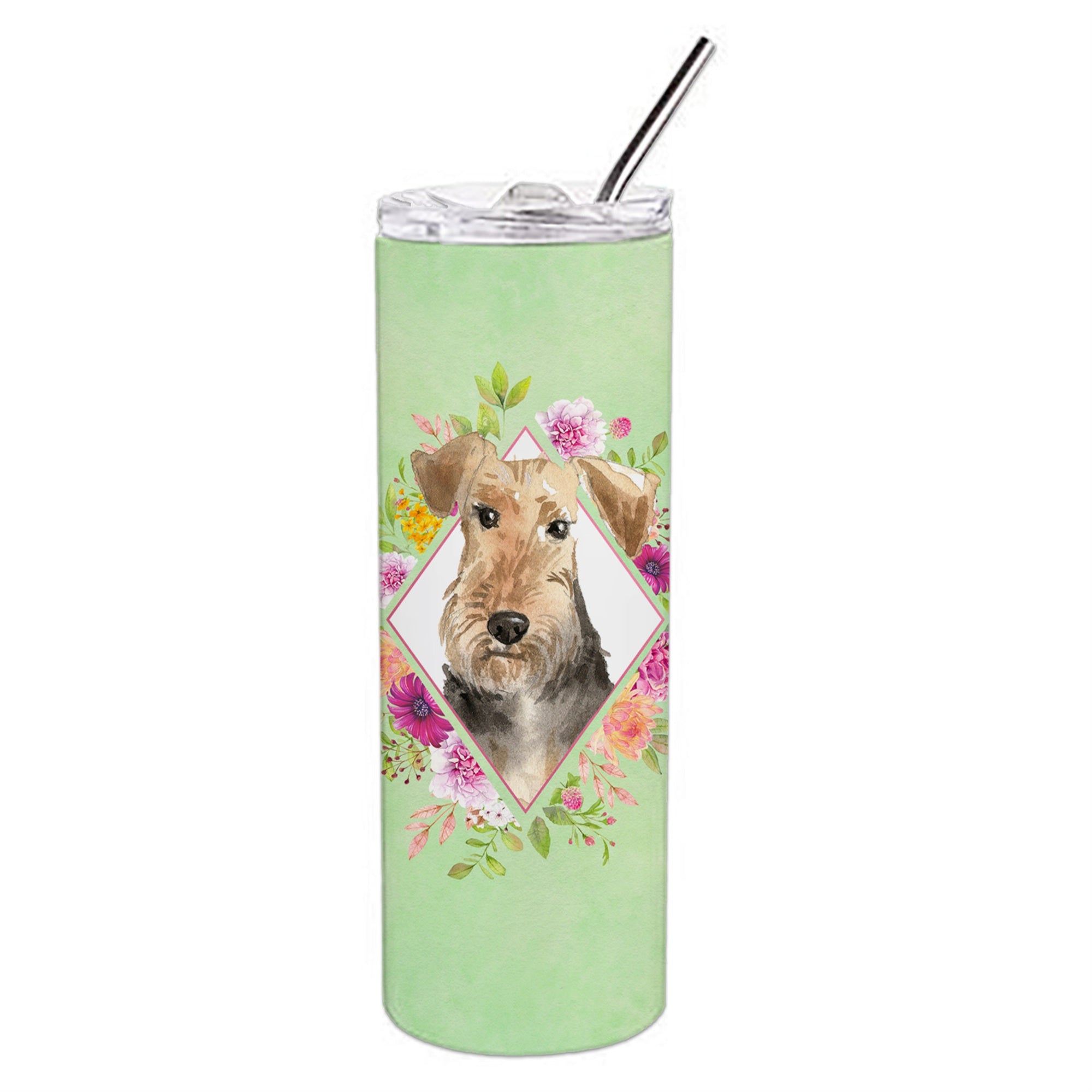 'Caroline'S Treasures Airedale Terrier Green Flowers Double Walled Stainless Steel 20 Oz Skinny Travel-Insulated-Tumblers, Mult
