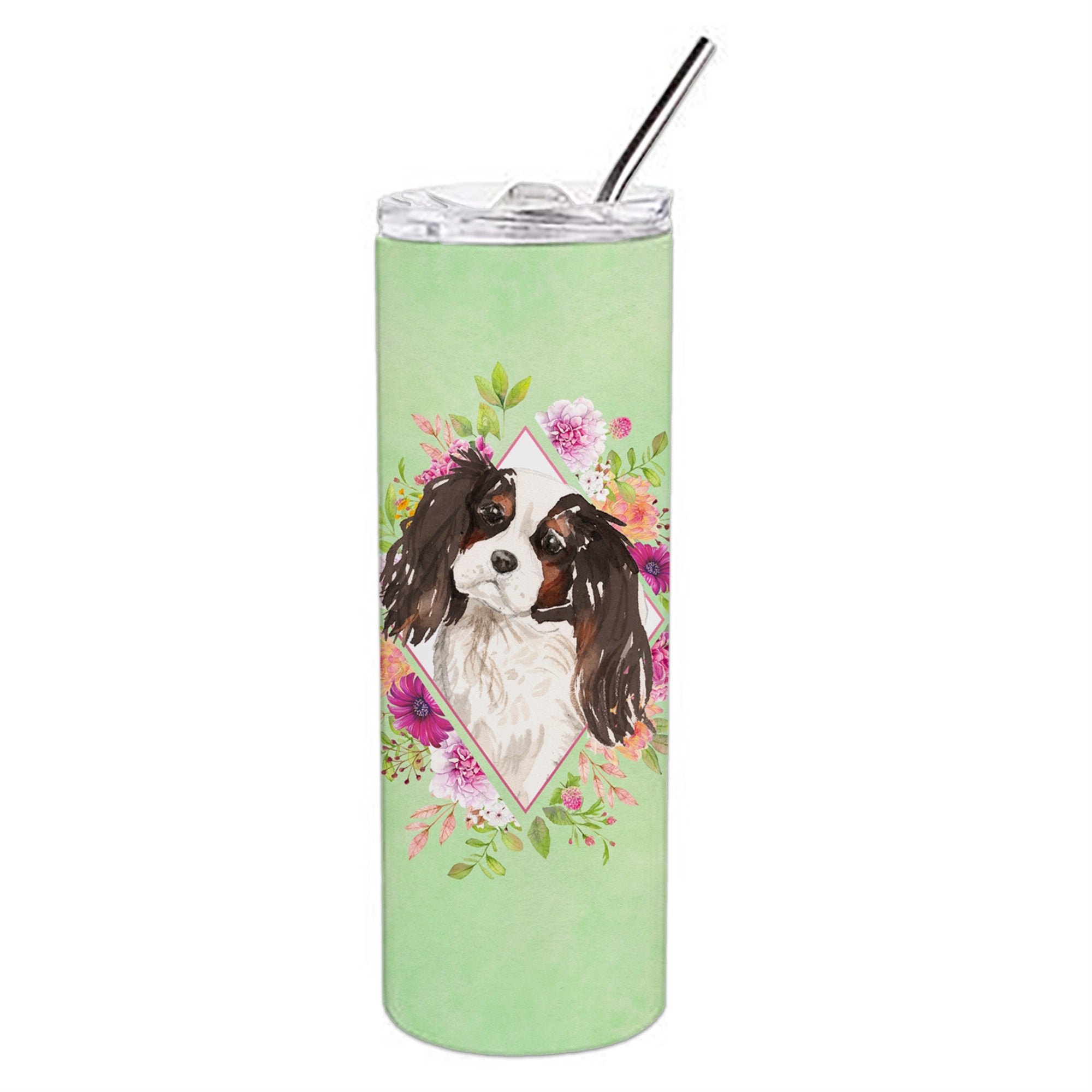 'Caroline'S Treasures Tricolor Cavalier Spaniel Green Flowers Stainless Steel 20 Oz Skinny Travel-Insulated-Tumblers, Multicolo