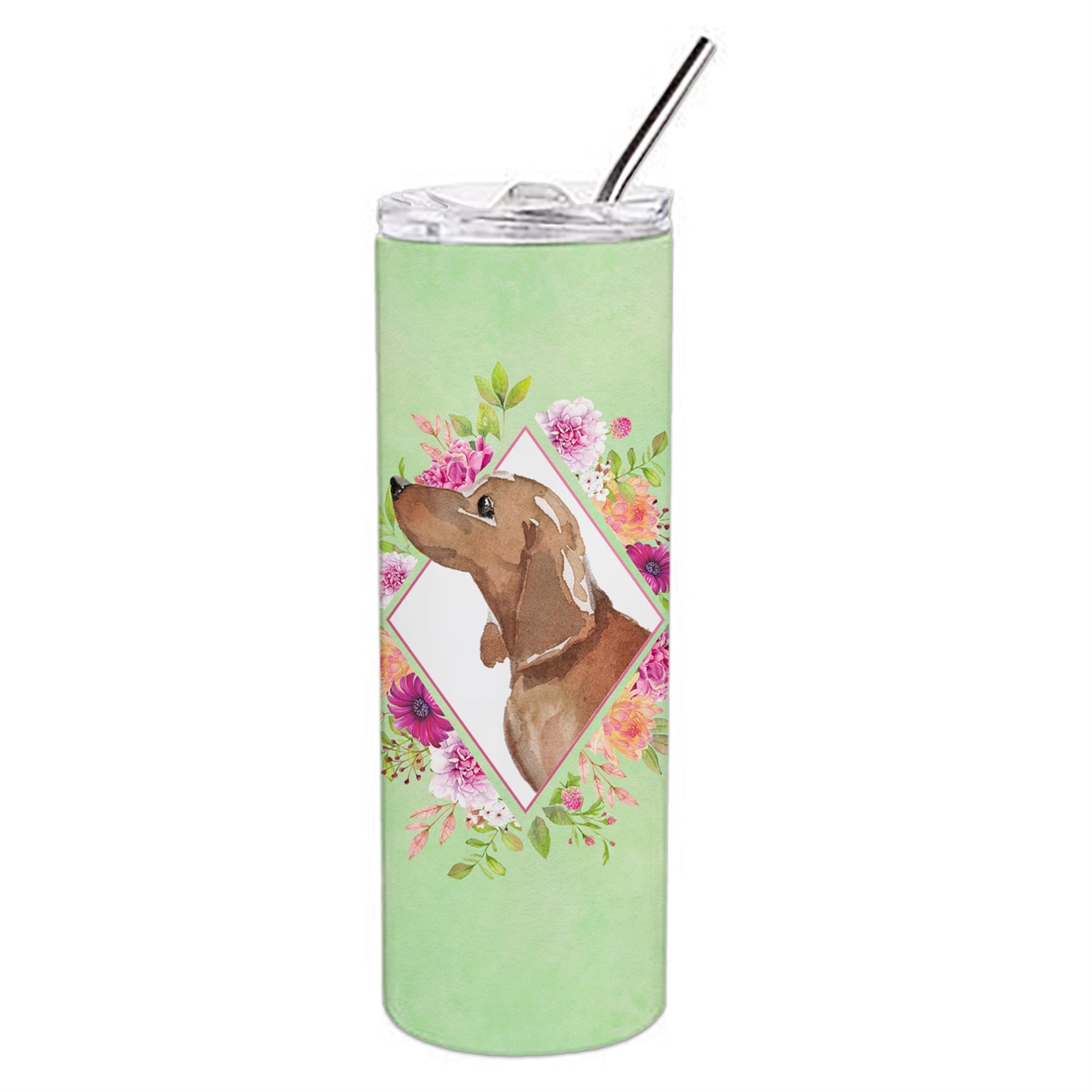 'Caroline'S Treasures Dachshund Green Flowers Double Walled Stainless Steel 20 Oz Skinny Travel-Insulated-Tumblers, Multicolor'