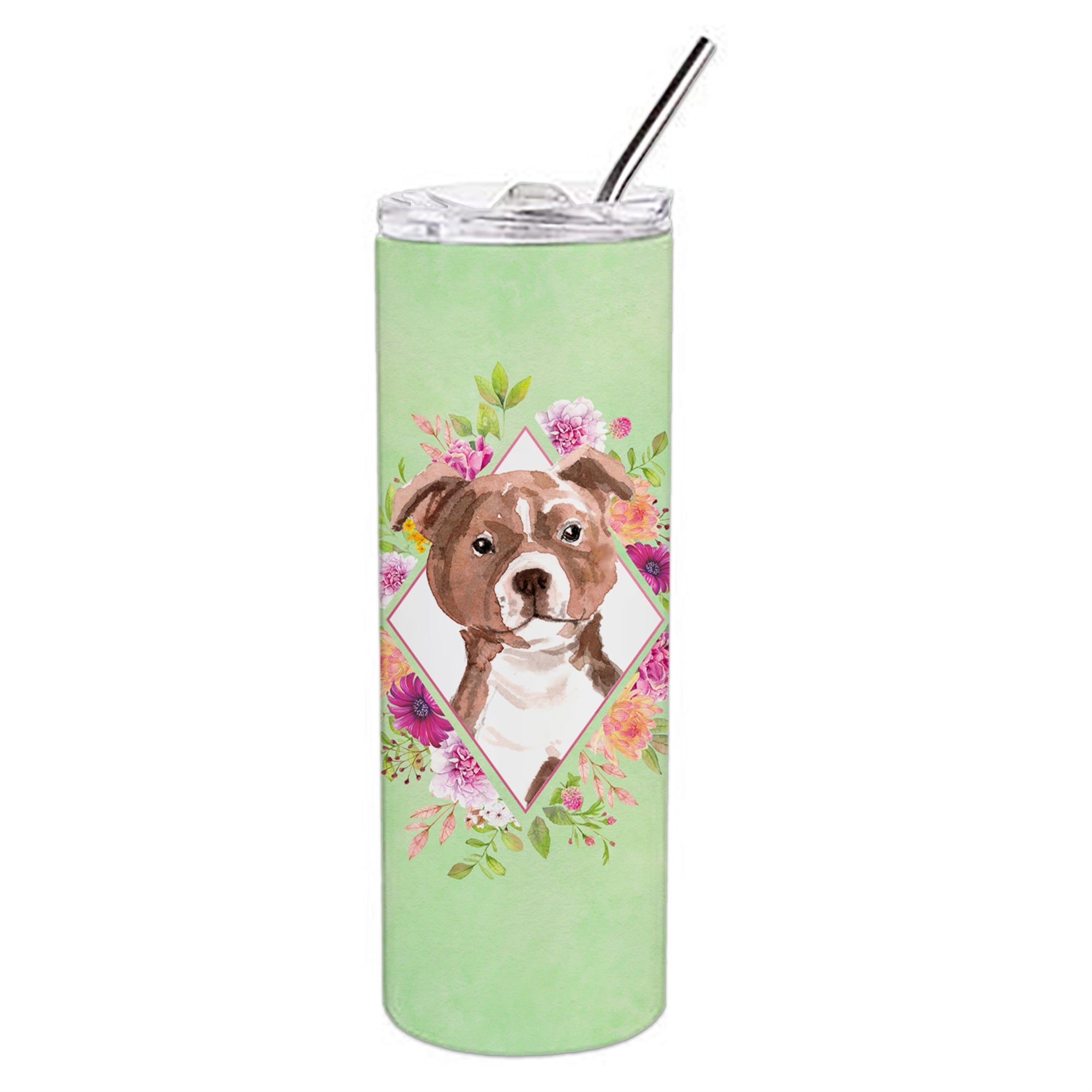 'Caroline'S Treasures Staffie Bull Terrier Green Flowers Double Walled Stainless Steel 20 Oz Skinny Travel-Insulated-Tumblers,
