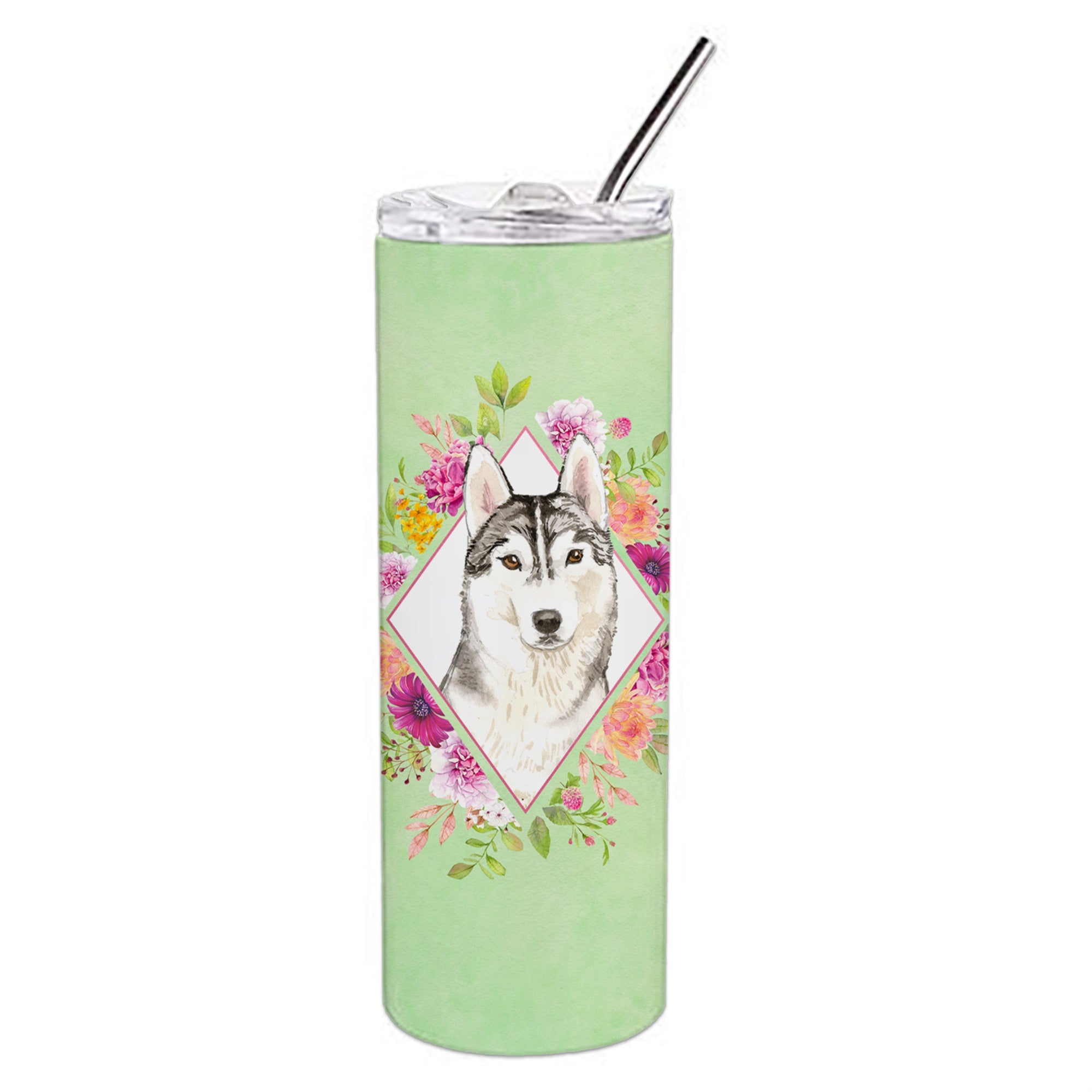 'Caroline'S Treasures Siberian Husky Green Flowers Double Walled Stainless Steel 20 Oz Skinny Travel-Insulated-Tumblers, Multic