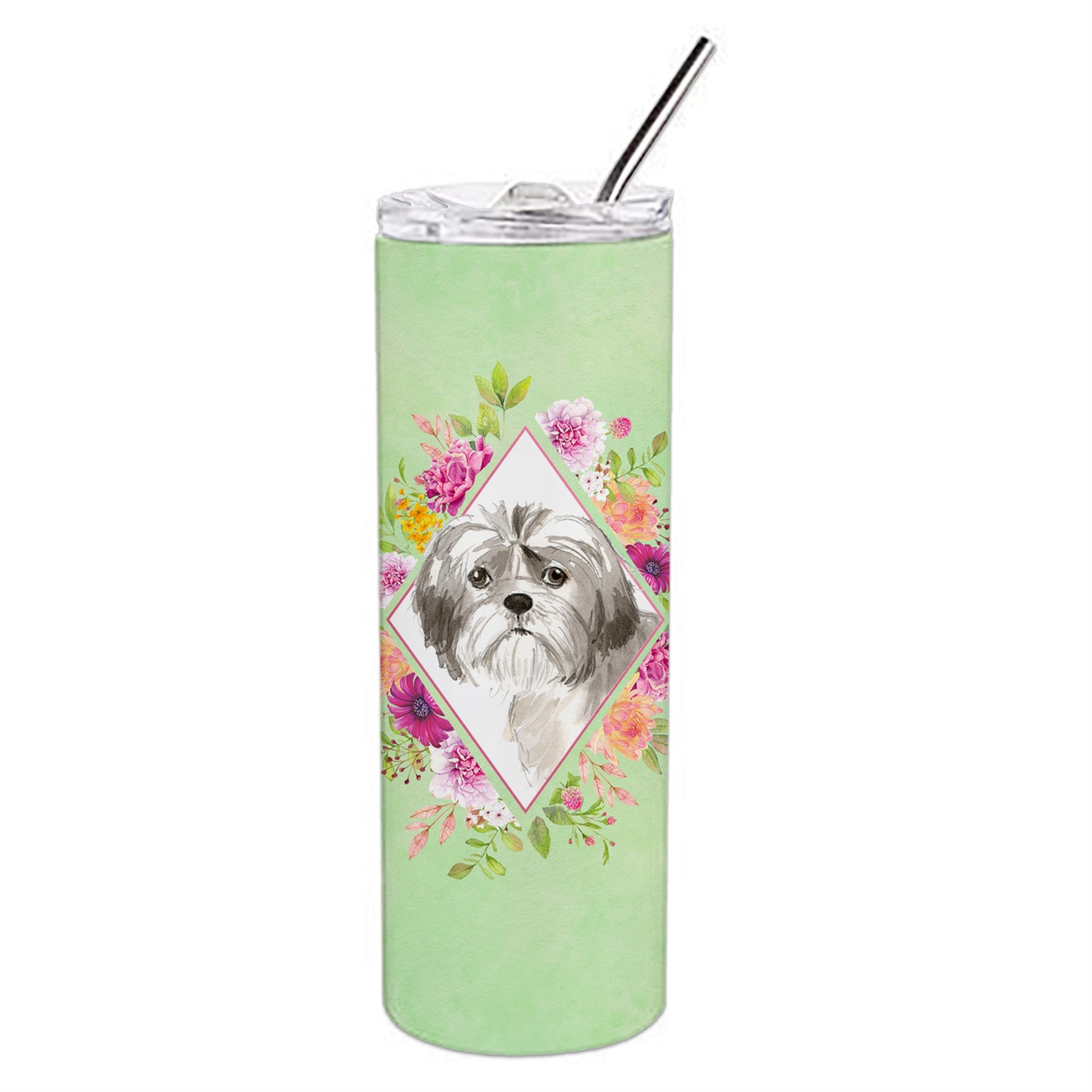 'Caroline'S Treasures Shih Tzu Puppy Green Flowers Double Walled Stainless Steel 20 Oz Skinny Travel-Insulated-Tumblers, Multic