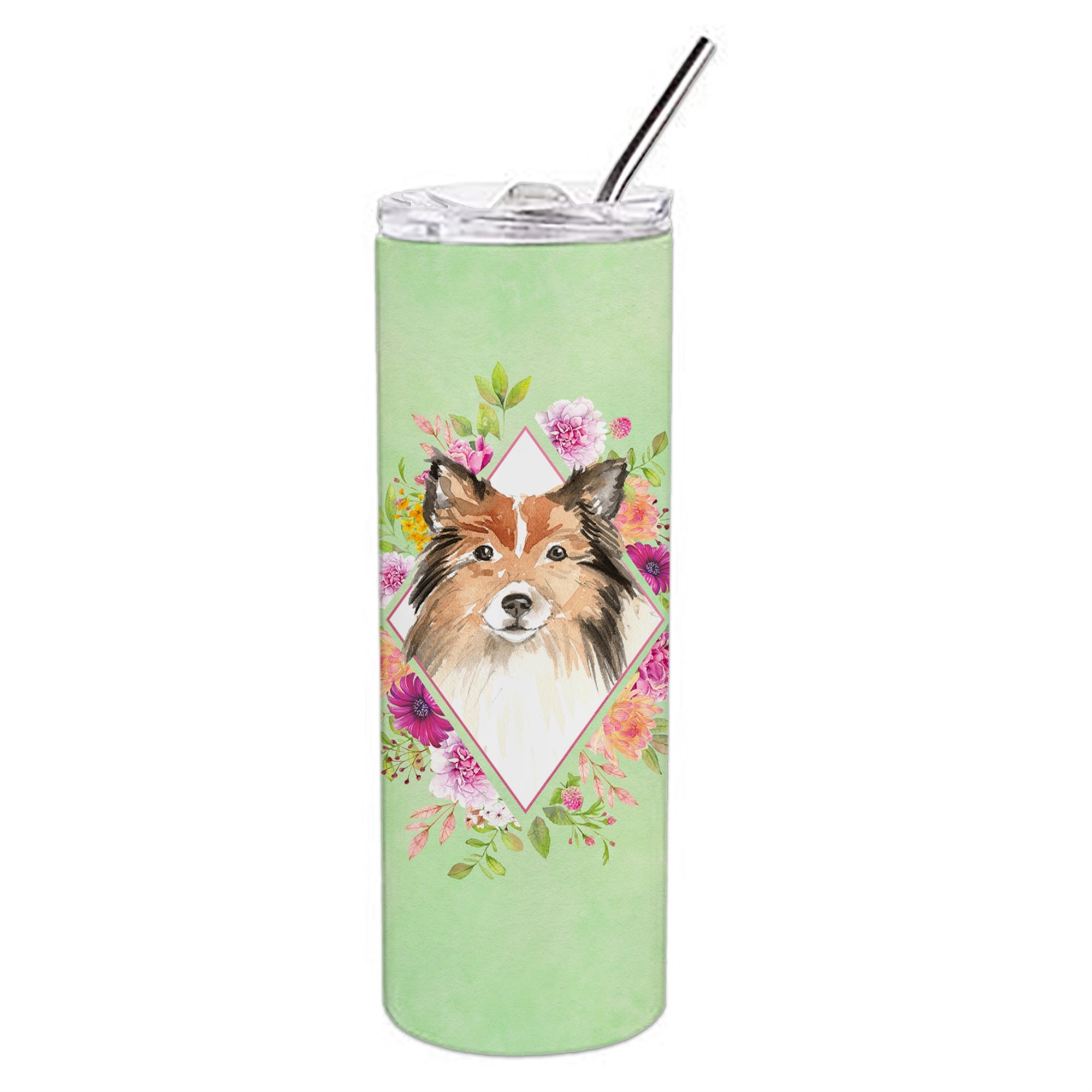 'Caroline'S Treasures Sheltie Green Flowers Double Walled Stainless Steel 20 Oz Skinny Travel-Insulated-Tumblers, Multicolor''