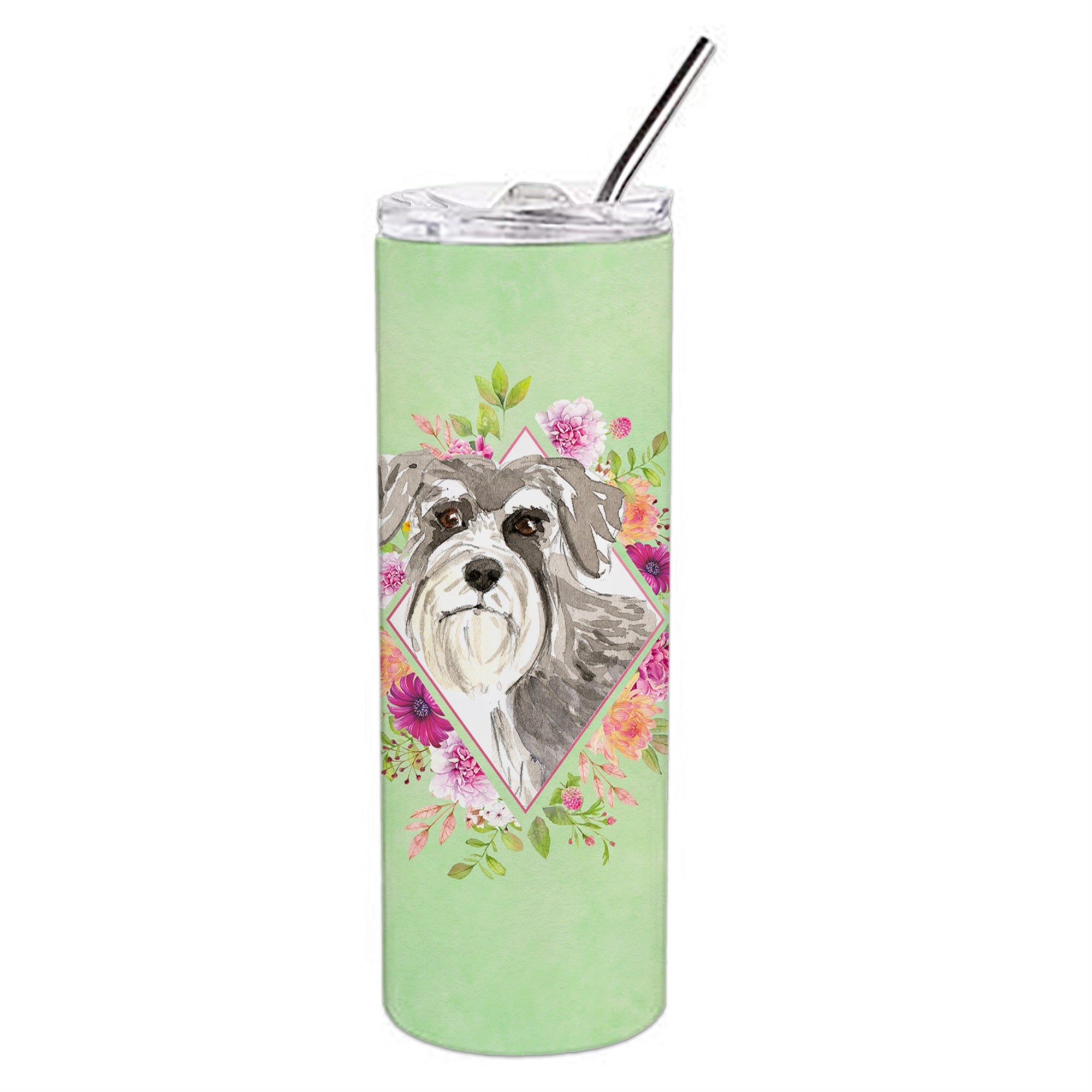 'Caroline'S Treasures Schnauzer #1 Green Flowers Double Walled Stainless Steel 20 Oz Skinny Travel-Insulated-Tumblers, Multicol