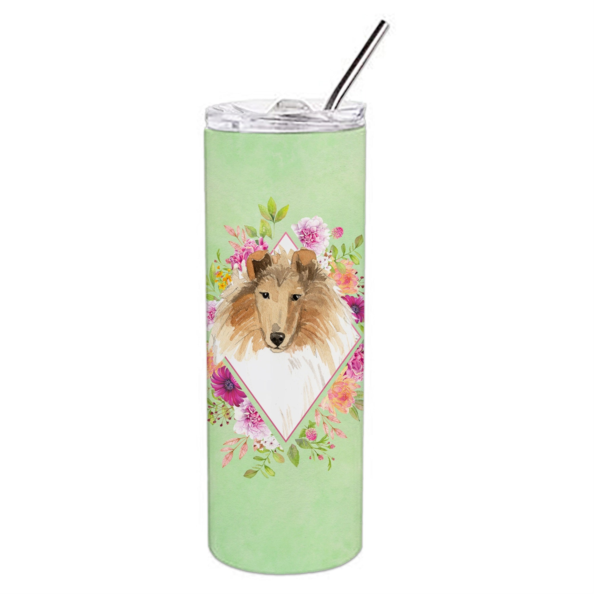 'Caroline'S Treasures Collie Green Flowers Double Walled Stainless Steel 20 Oz Skinny Travel-Insulated-Tumblers, Multicolor''