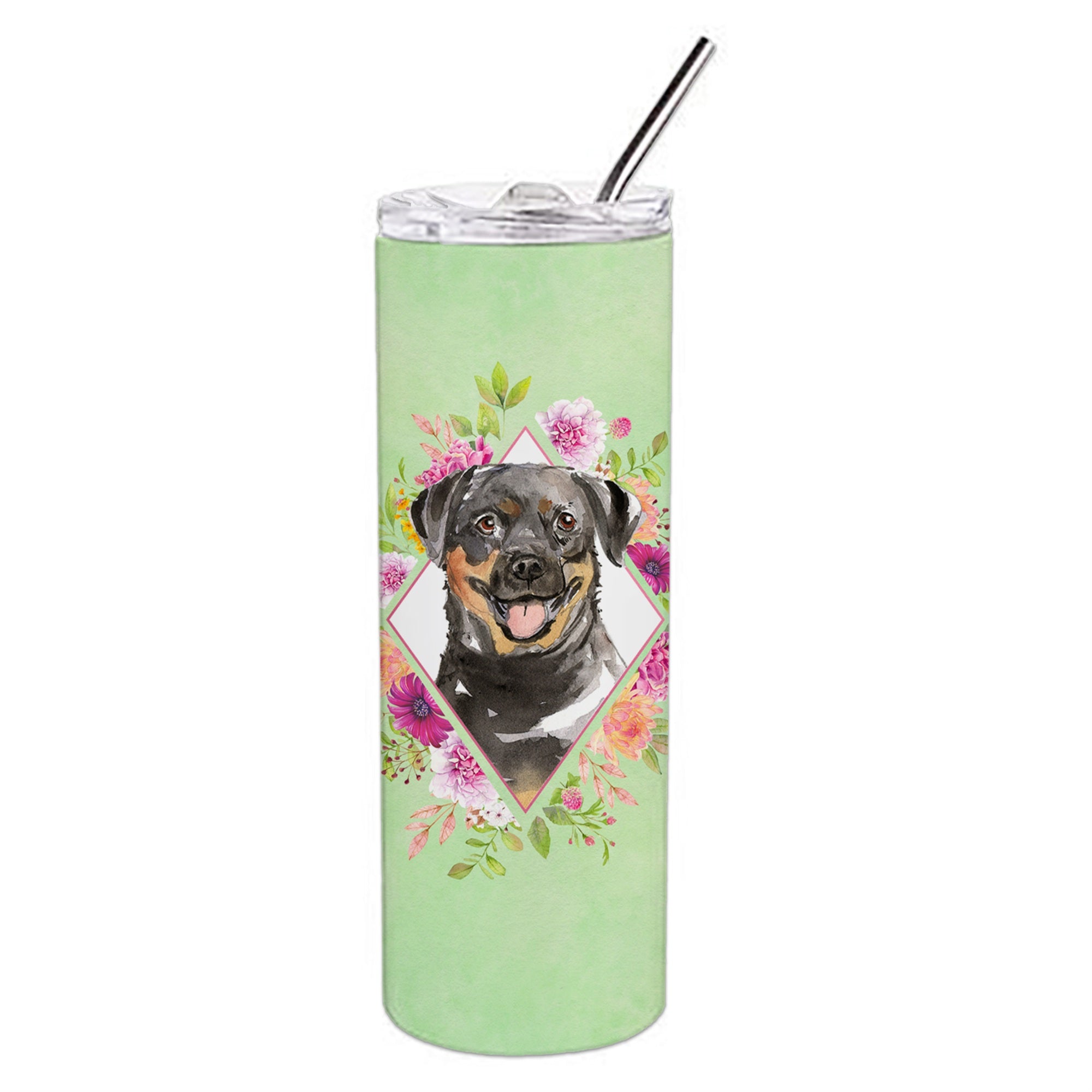 'Caroline'S Treasures Rottweiler Green Flowers Double Walled Stainless Steel 20 Oz Skinny Travel-Insulated-Tumblers, Multicolor