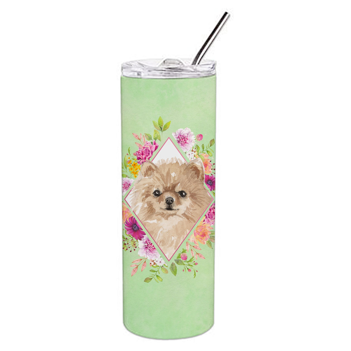 'Caroline'S Treasures Pomeranian Green Flowers Double Walled Stainless Steel 20 Oz Skinny Travel-Insulated-Tumblers, Multicolor