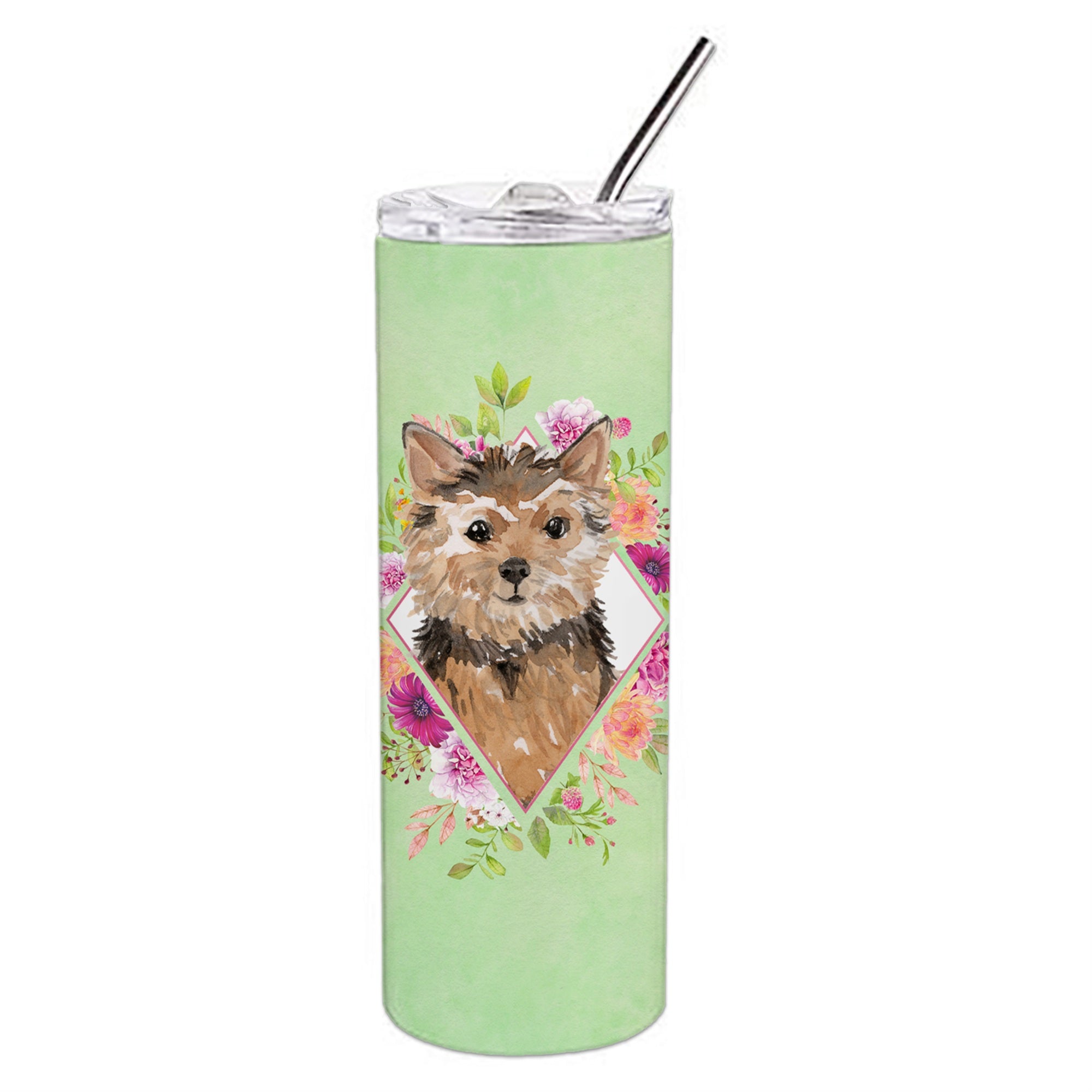 'Caroline'S Treasures Norwich Terrier Green Flowers Double Walled Stainless Steel 20 Oz Skinny Travel-Insulated-Tumblers, Multi