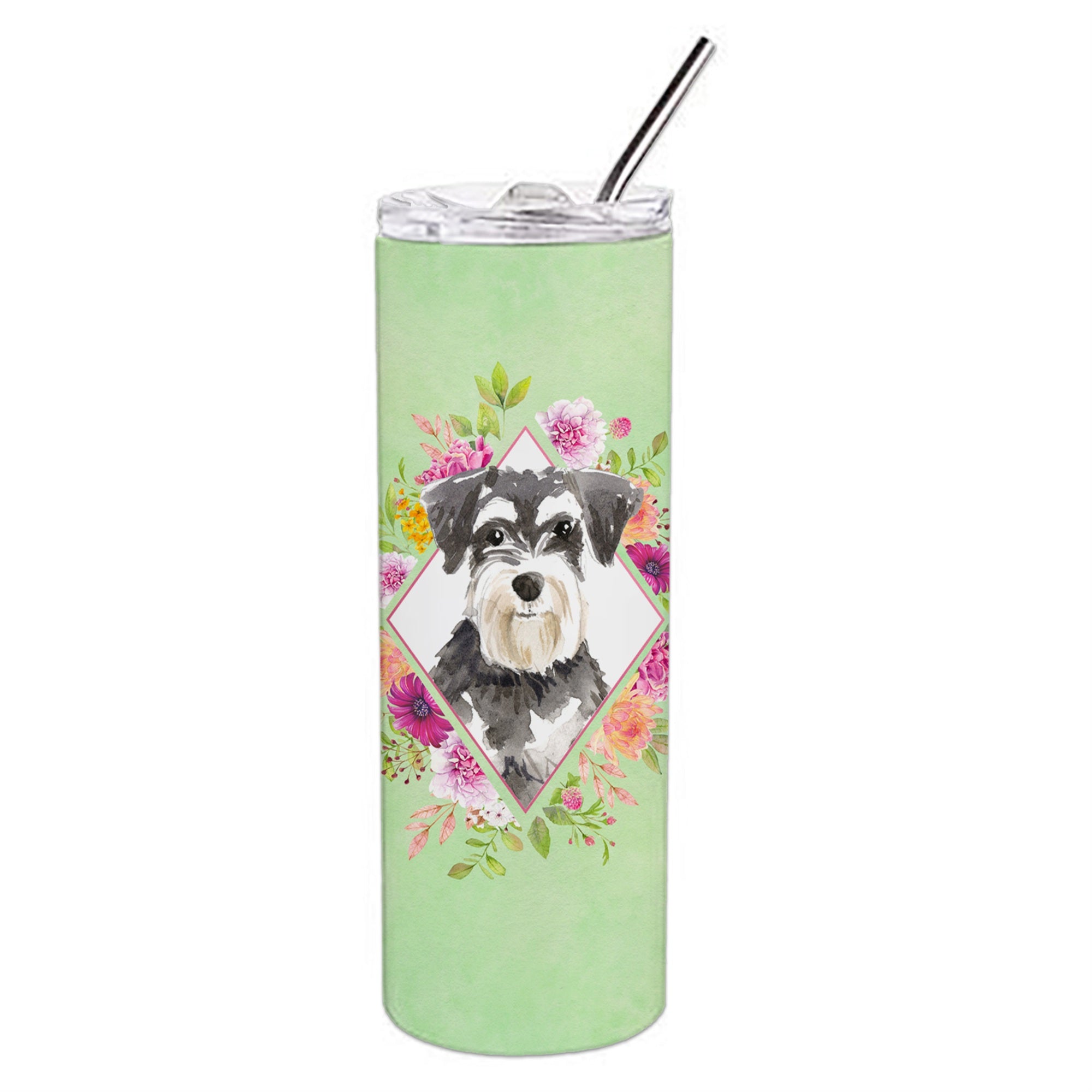 'Caroline'S Treasures Schnauzer #2 Green Flowers Double Walled Stainless Steel 20 Oz Skinny Travel-Insulated-Tumblers, Multicol