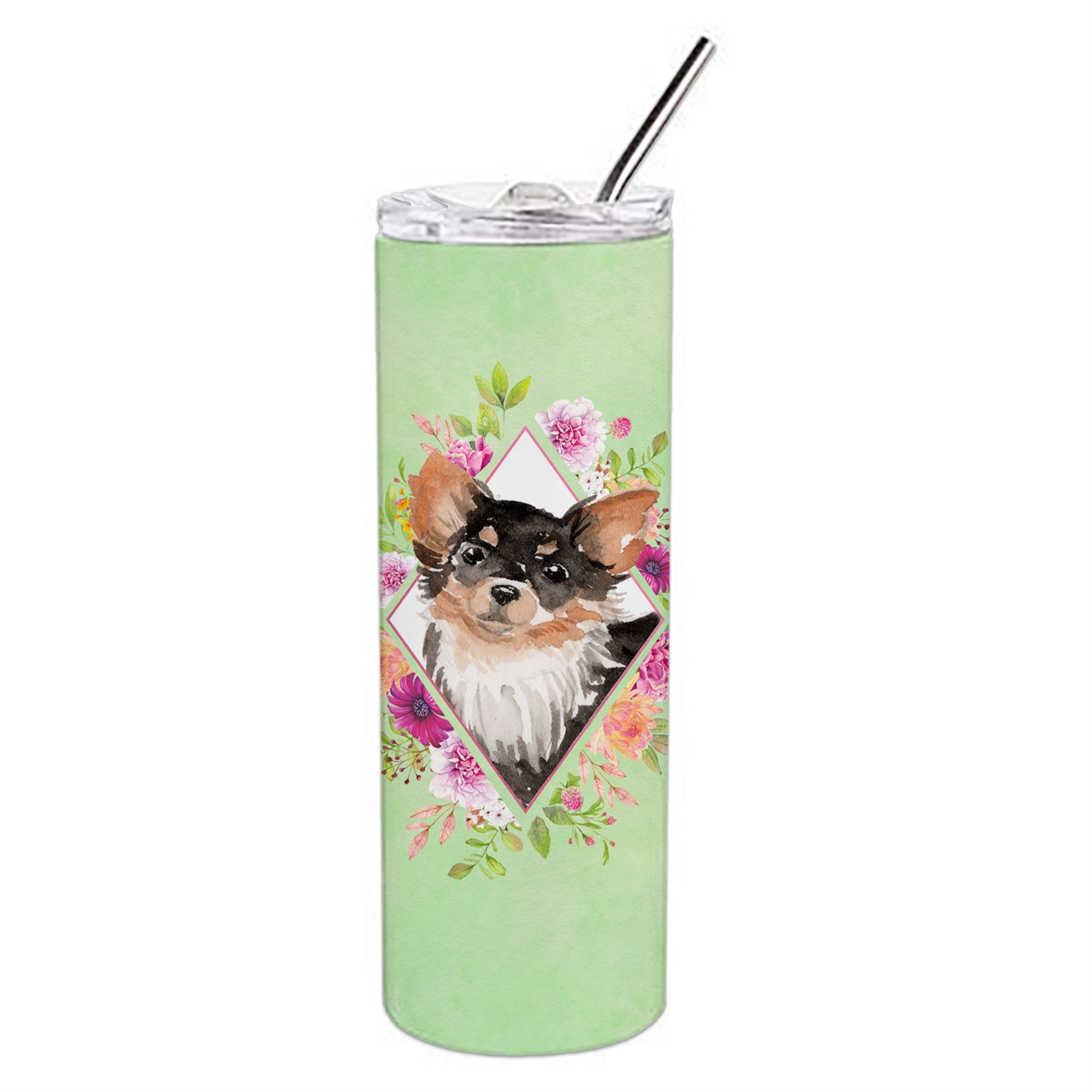 'Caroline'S Treasures Longhaired Chihuahua Green Flowers Double Walled Stainless Steel 20 Oz Skinny Travel-Insulated-Tumblers,