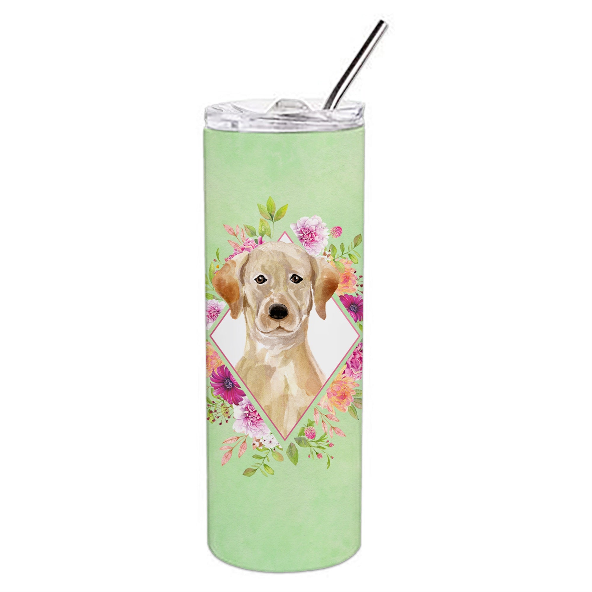 'Caroline'S Treasures Yellow Lab Green Flowers Double Walled Stainless Steel 20 Oz Skinny Travel-Insulated-Tumblers, Multicolor