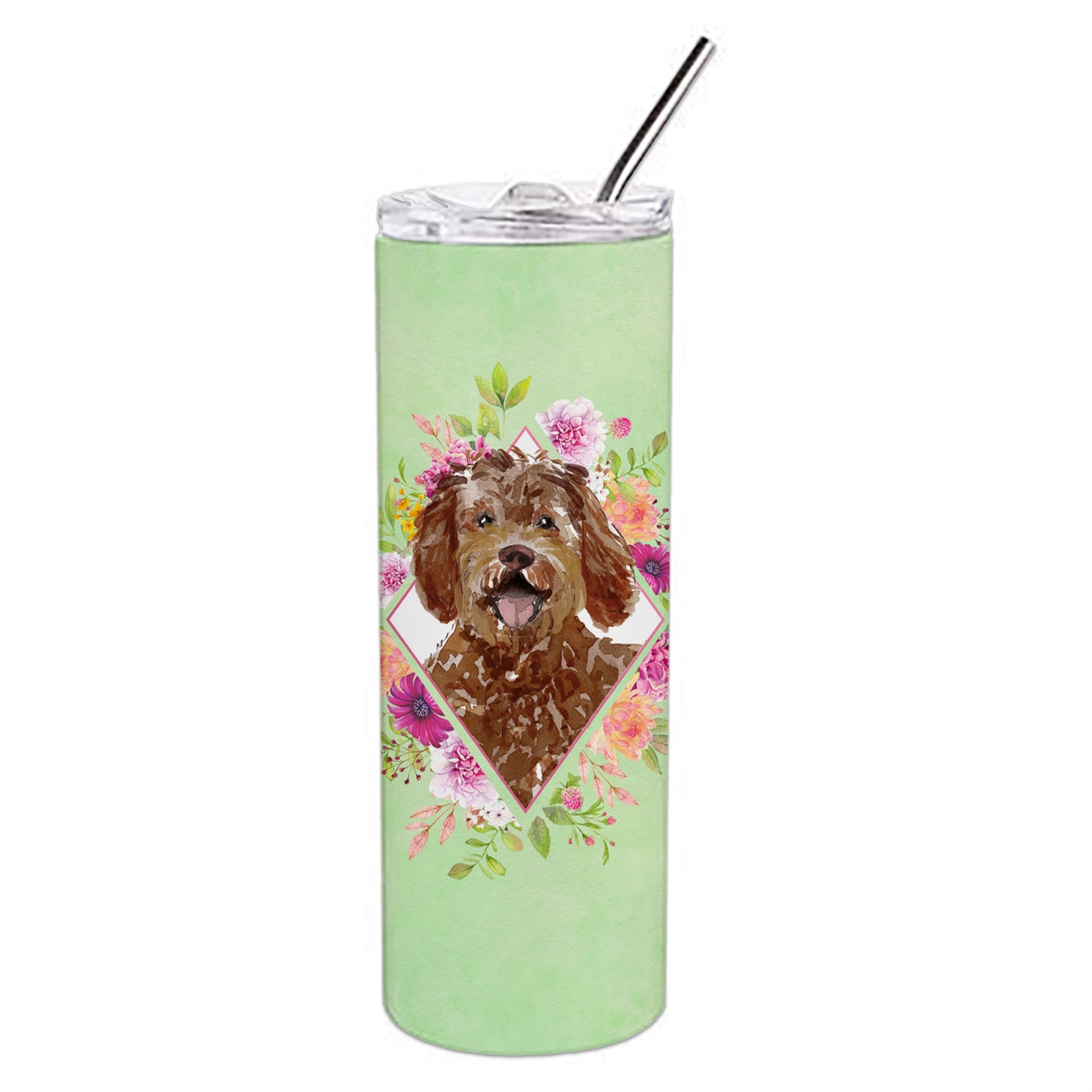 'Caroline'S Treasures Labradoodle Green Flowers Double Walled Stainless Steel 20 Oz Skinny Travel-Insulated-Tumblers, Multicolo