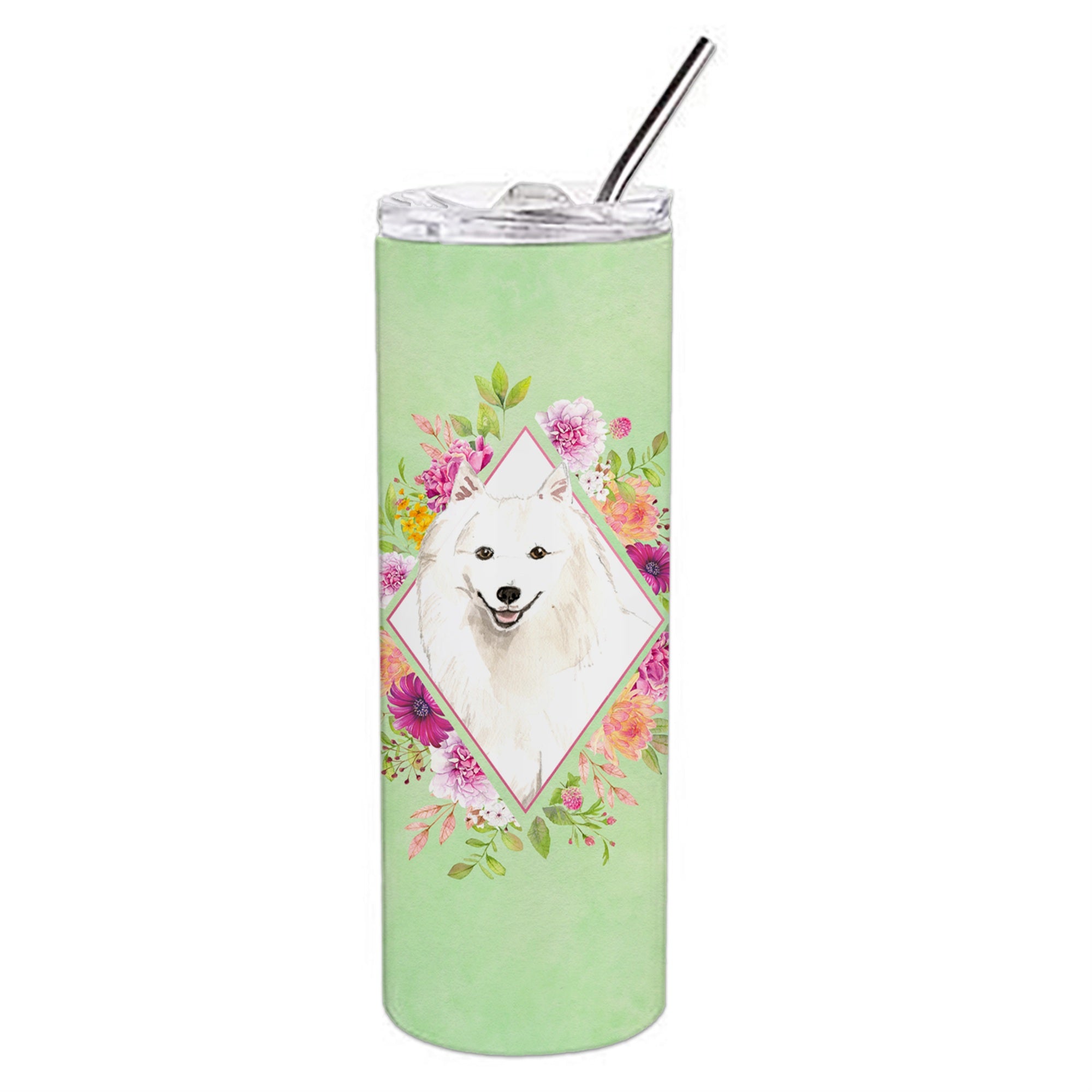 'Caroline'S Treasures Japanese Spitz Green Flowers Double Walled Stainless Steel 20 Oz Skinny Travel-Insulated-Tumblers, Multic