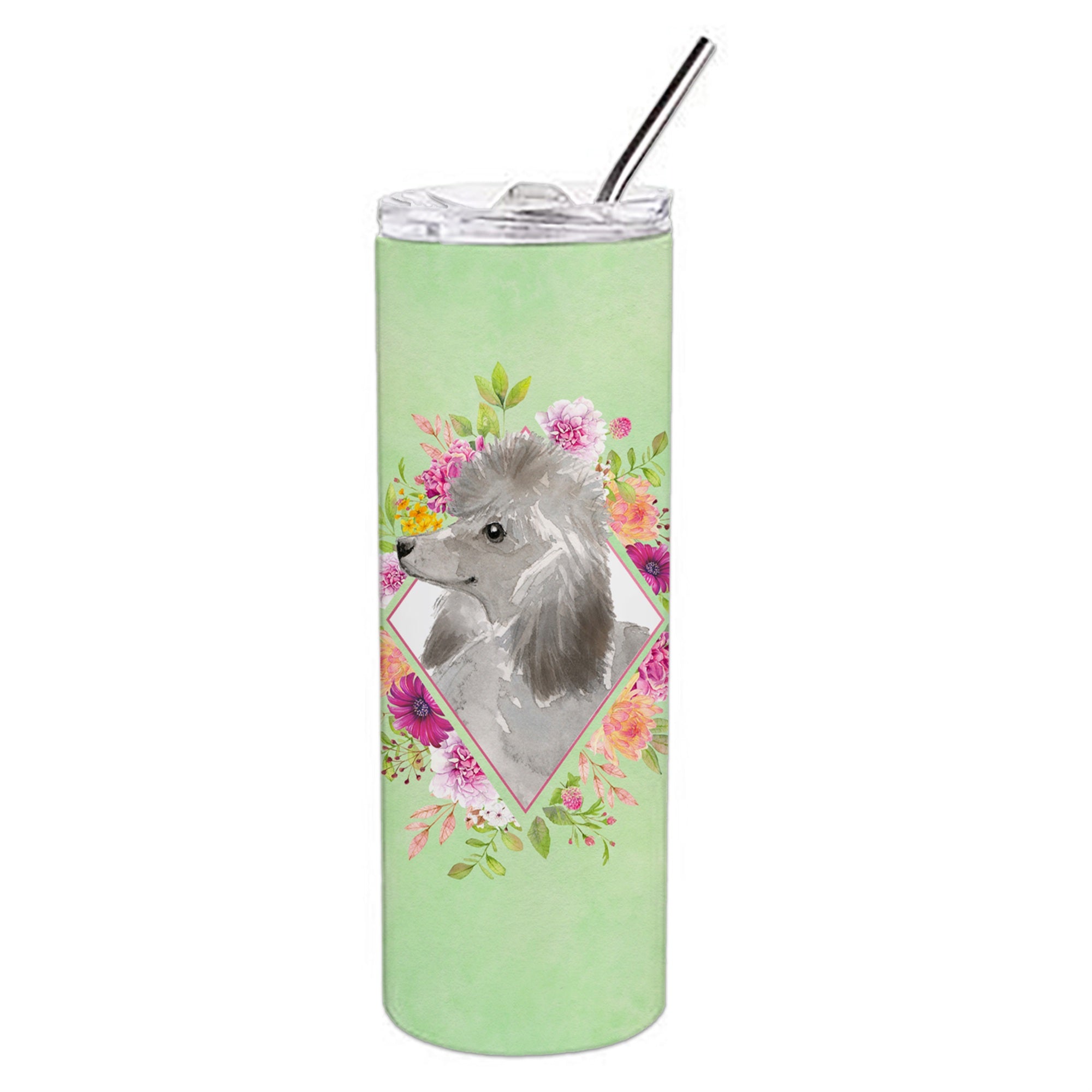 'Caroline'S Treasures Grey Standard Poodle Green Flowers Double Walled Stainless Steel 20 Oz Skinny Travel-Insulated-Tumblers,