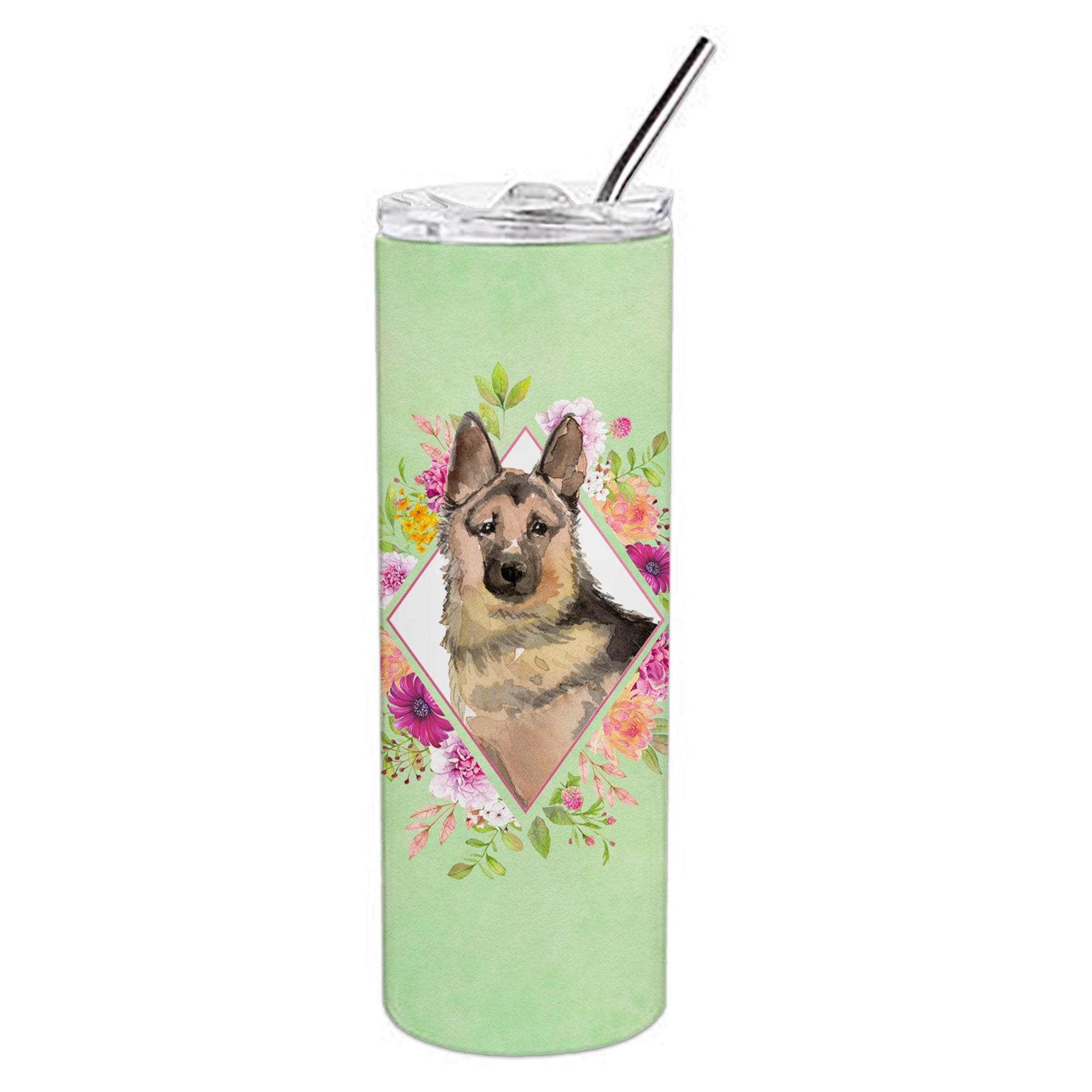 'Caroline'S Treasures German Shepherd Green Flowers Double Walled Stainless Steel 20 Oz Skinny Travel-Insulated-Tumblers, Multi
