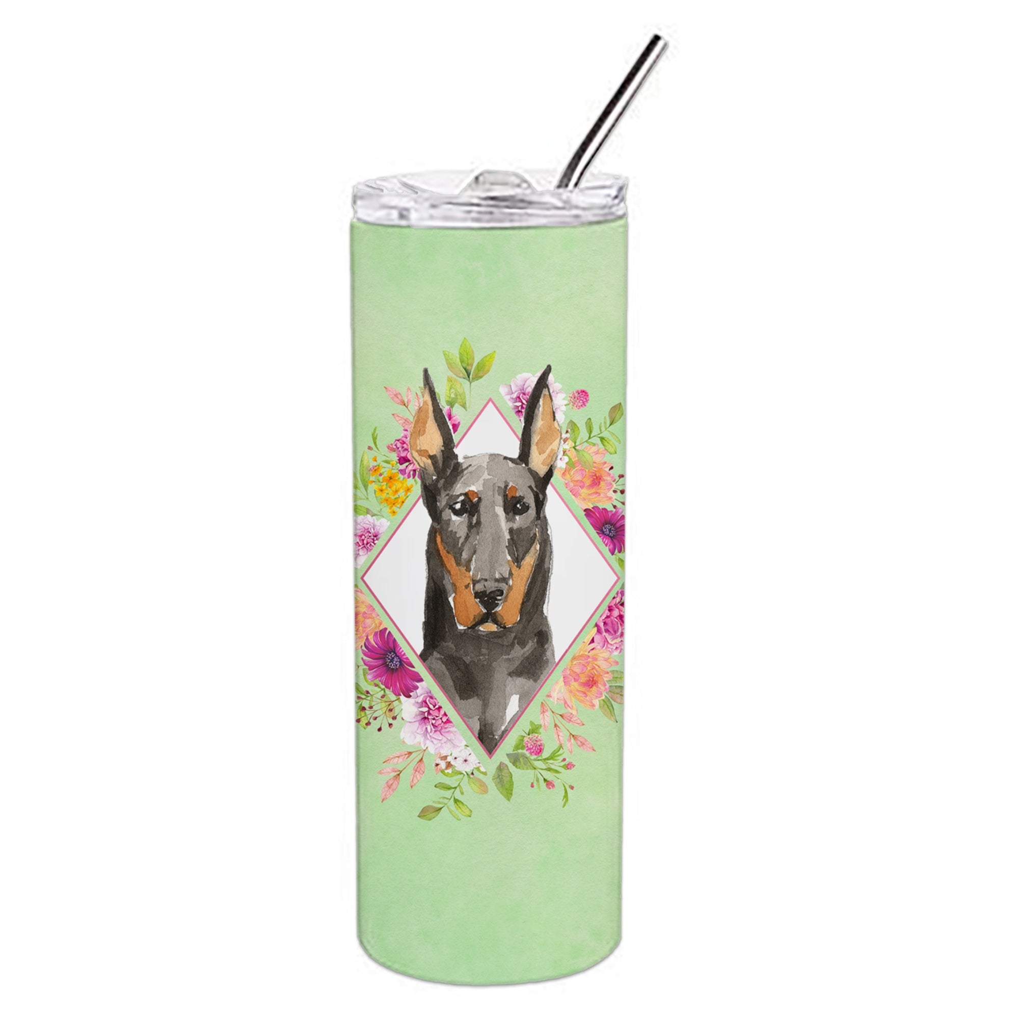 'Caroline'S Treasures Doberman Pinsher Green Flowers Double Walled Stainless Steel 20 Oz Skinny Travel-Insulated-Tumblers, Mult