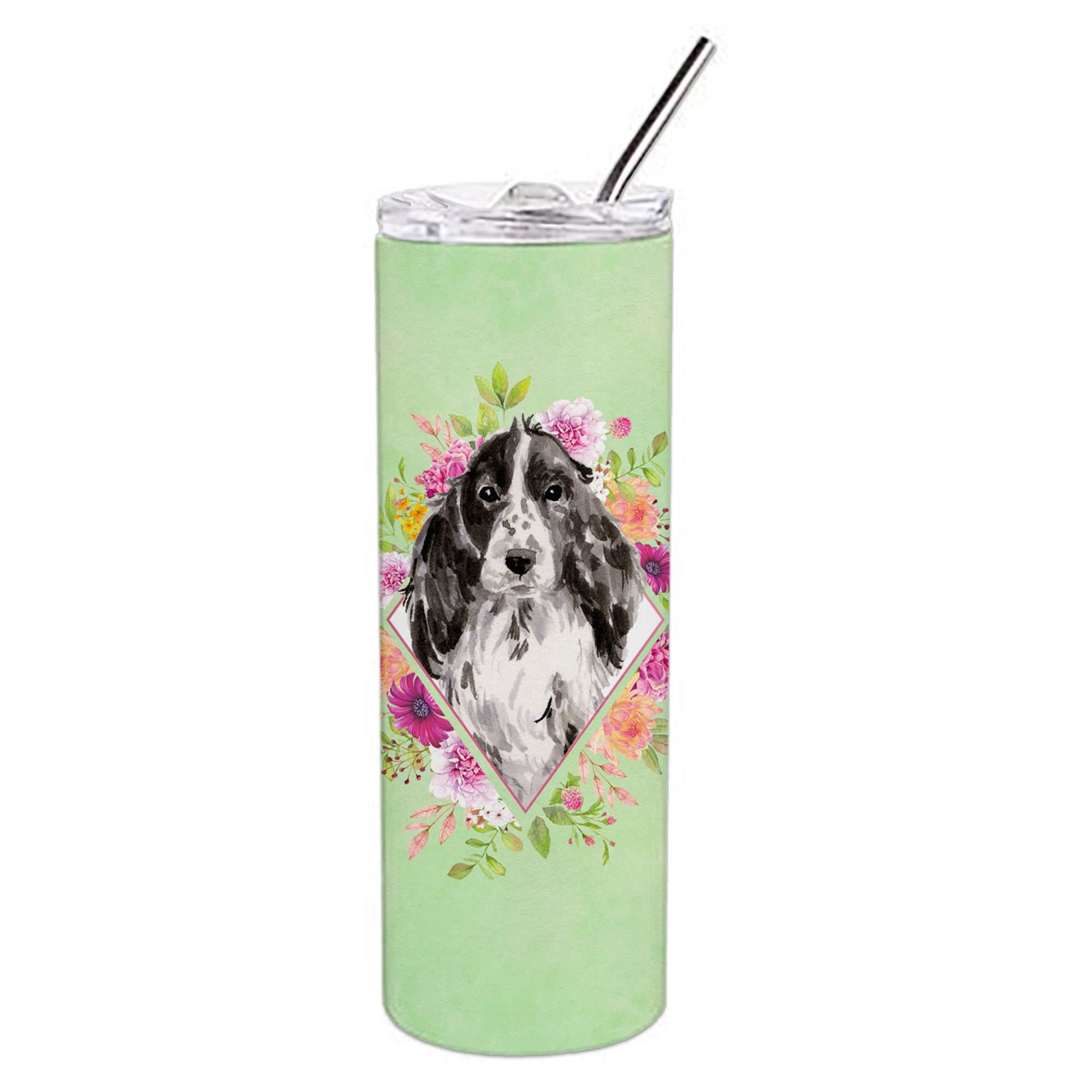 'Caroline'S Treasures Black Parti Cocker Spaniel Green Flowers Stainless Steel 20 Oz Skinny Travel-Insulated-Tumblers, Multicol