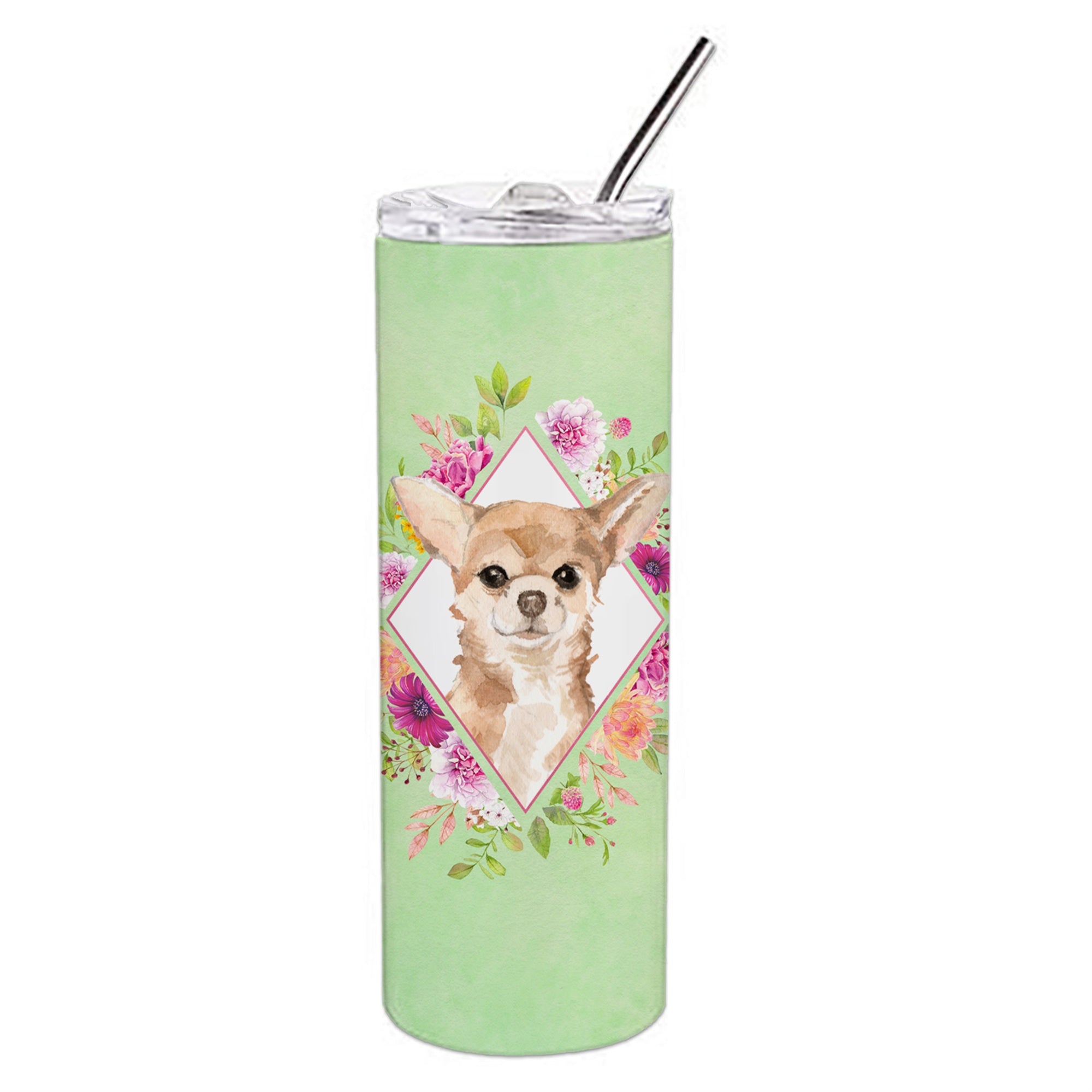 'Caroline'S Treasures Chihuahua Green Flowers Double Walled Stainless Steel 20 Oz Skinny Travel-Insulated-Tumblers, Multicolor'