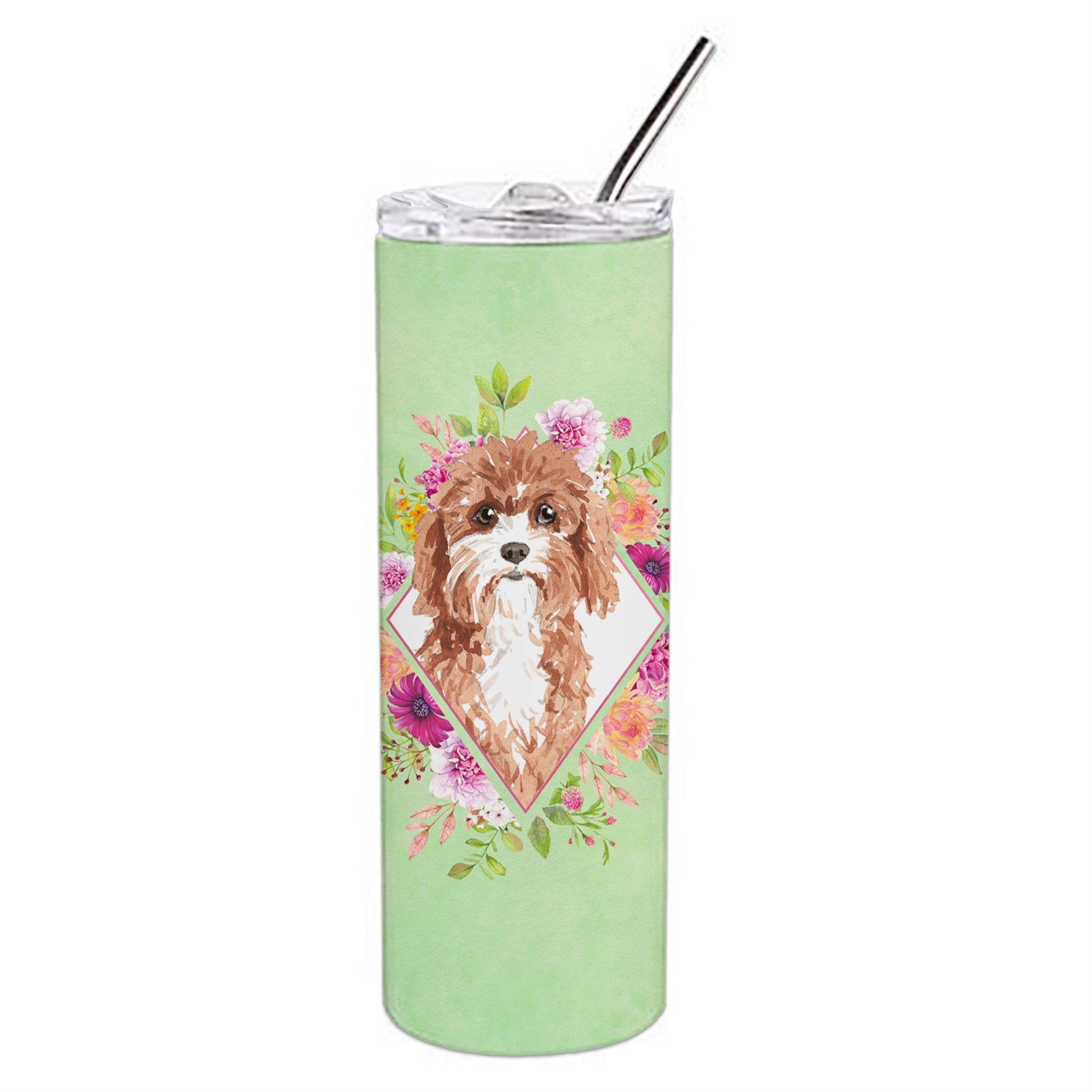 'Caroline'S Treasures Cavapoo Green Flowers Double Walled Stainless Steel 20 Oz Skinny Travel-Insulated-Tumblers, Multicolor''
