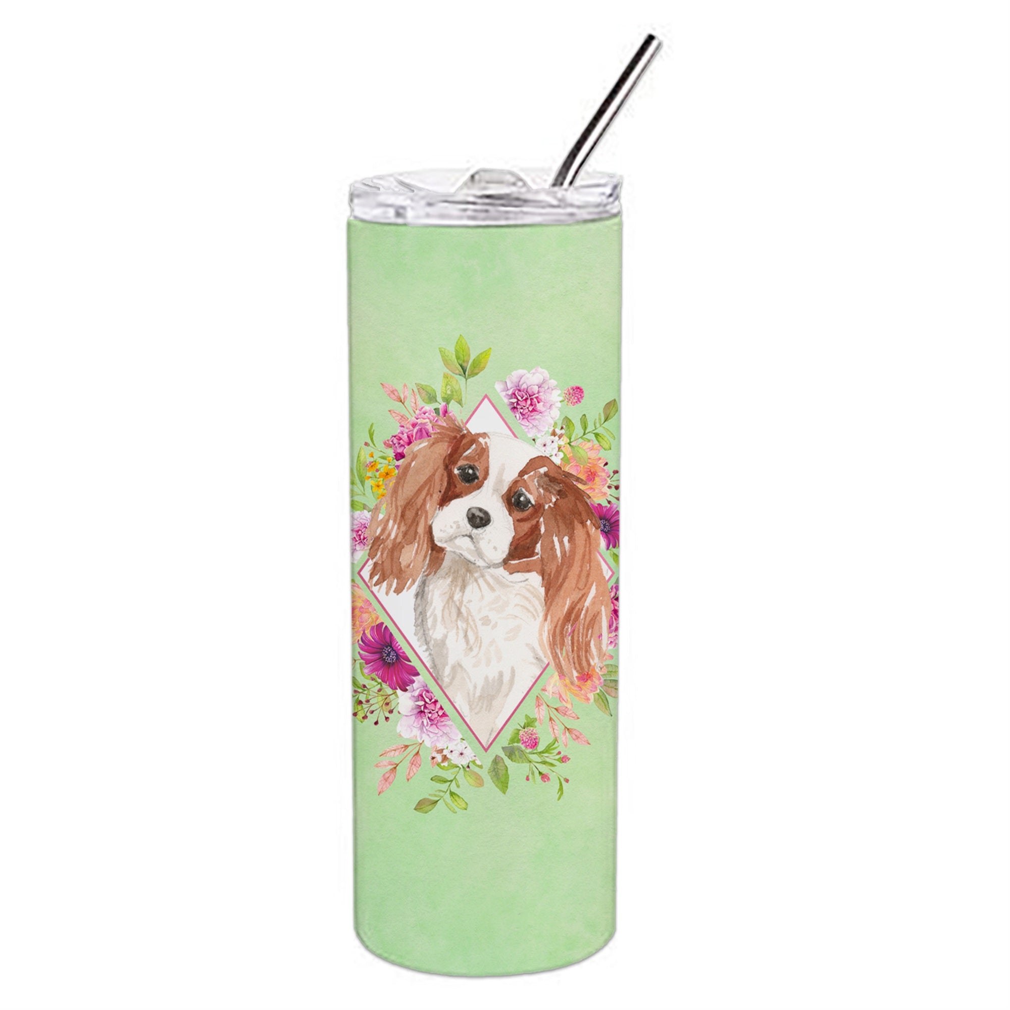 'Caroline'S Treasures Blenheim Cavalier Spaniel Green Flowers Stainless Steel 20 Oz Skinny Travel-Insulated-Tumblers, Multicolo