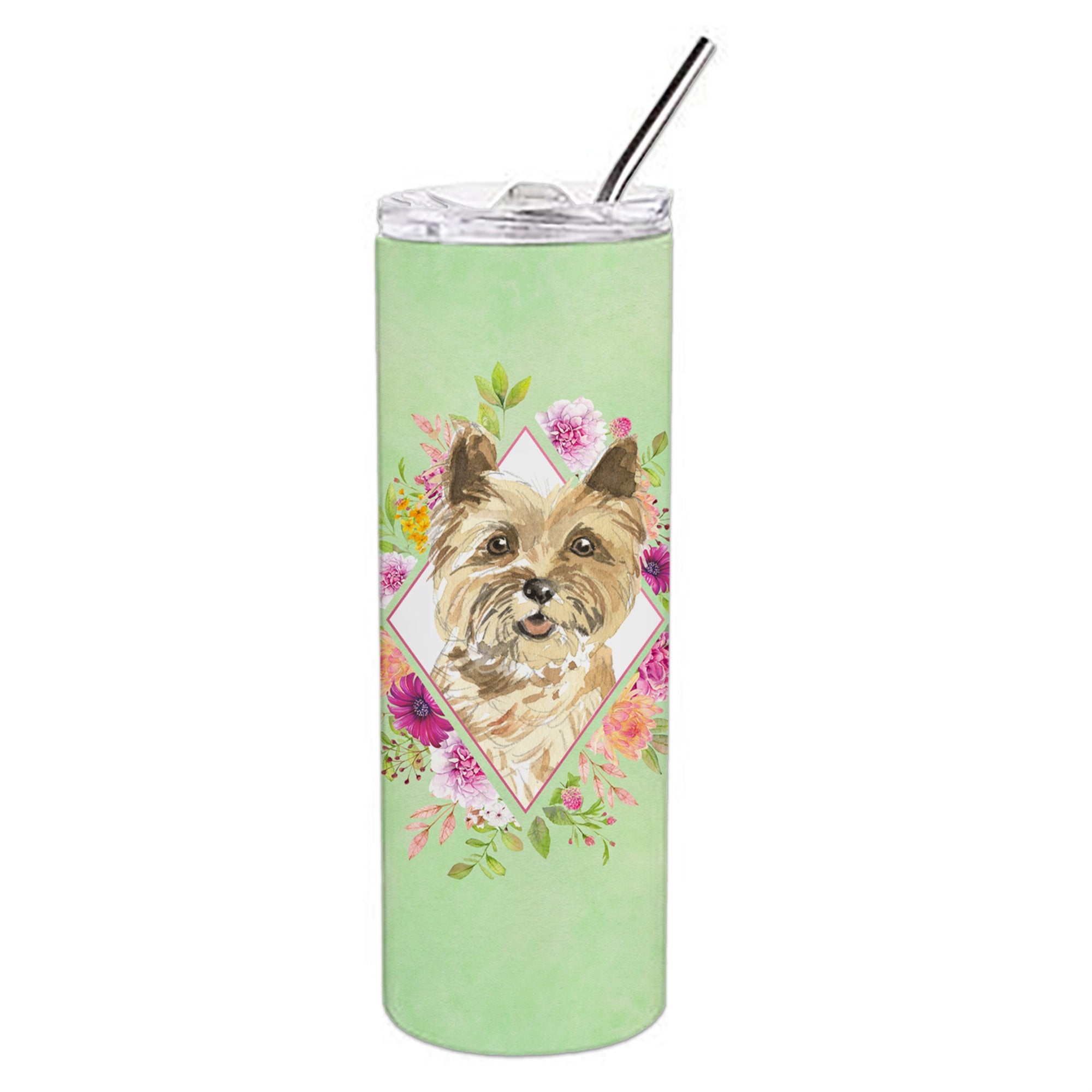 'Caroline'S Treasures Cairn Terrier Green Flowers Double Walled Stainless Steel 20 Oz Skinny Travel-Insulated-Tumblers, Multico