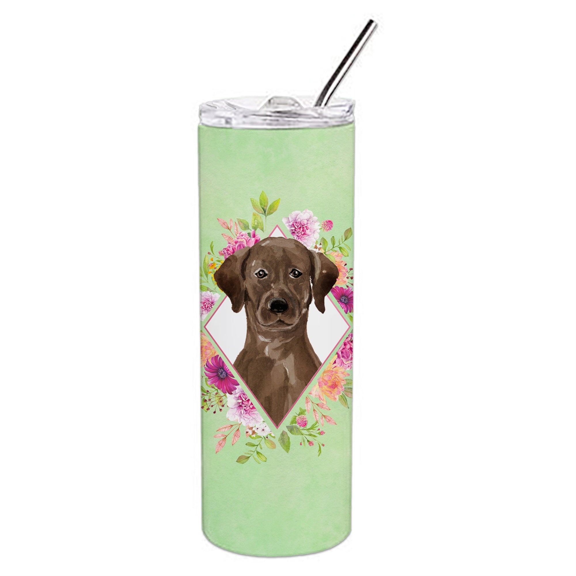 'Caroline'S Treasures Chocolate Labrador Green Flowers Double Walled Stainless Steel 20 Oz Skinny Travel-Insulated-Tumblers, Mu