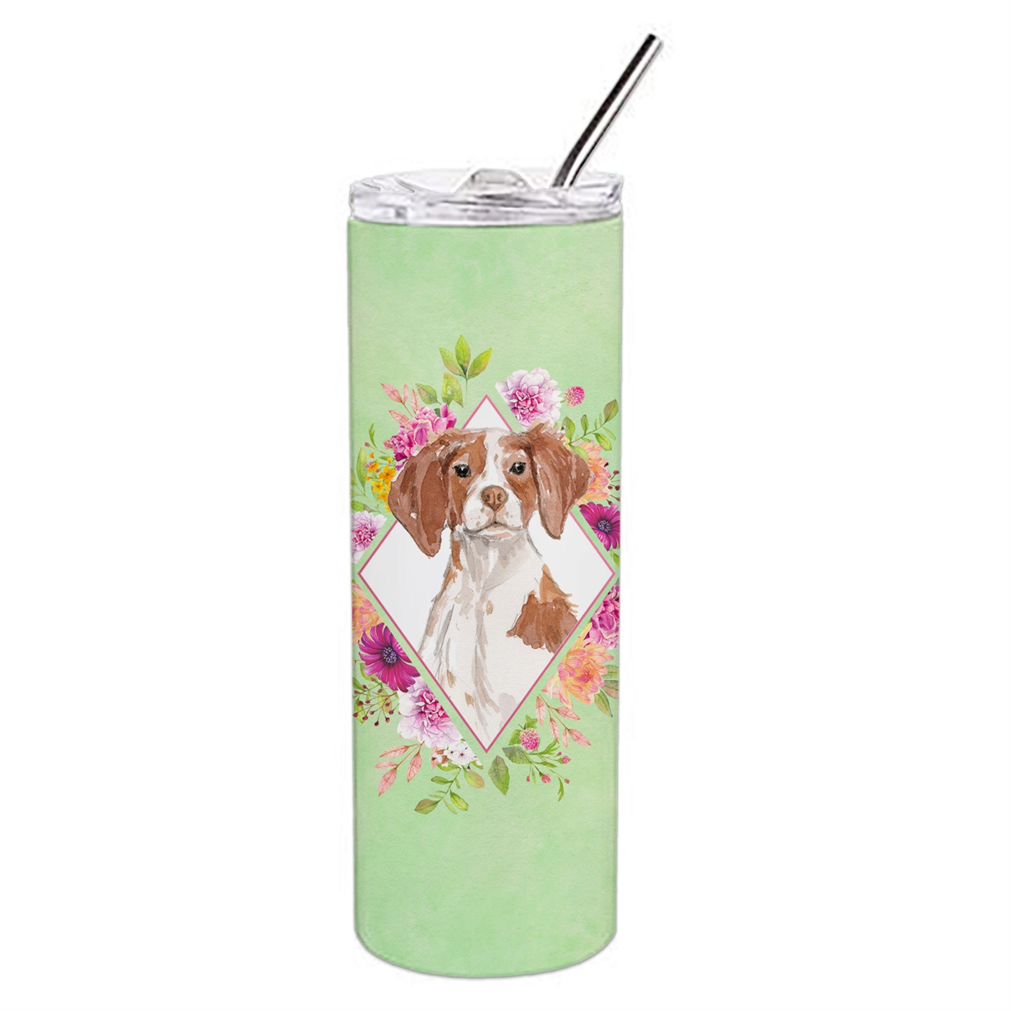 'Caroline'S Treasures Brittany Spaniel Green Flowers Double Walled Stainless Steel 20 Oz Skinny Travel-Insulated-Tumblers, Mult