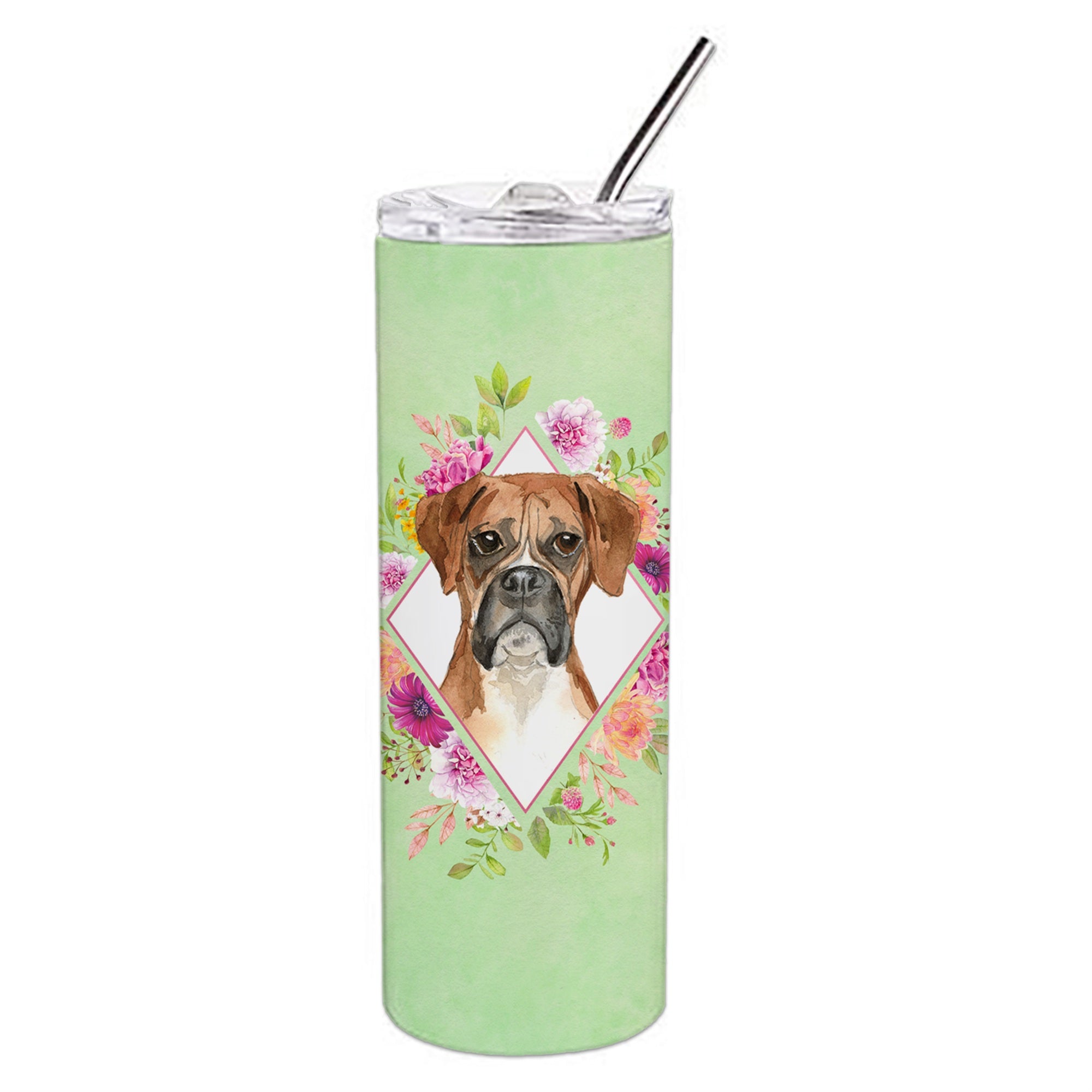 'Caroline'S Treasures Boxer Green Flowers Double Walled Stainless Steel 20 Oz Skinny Travel-Insulated-Tumblers, Multicolor''