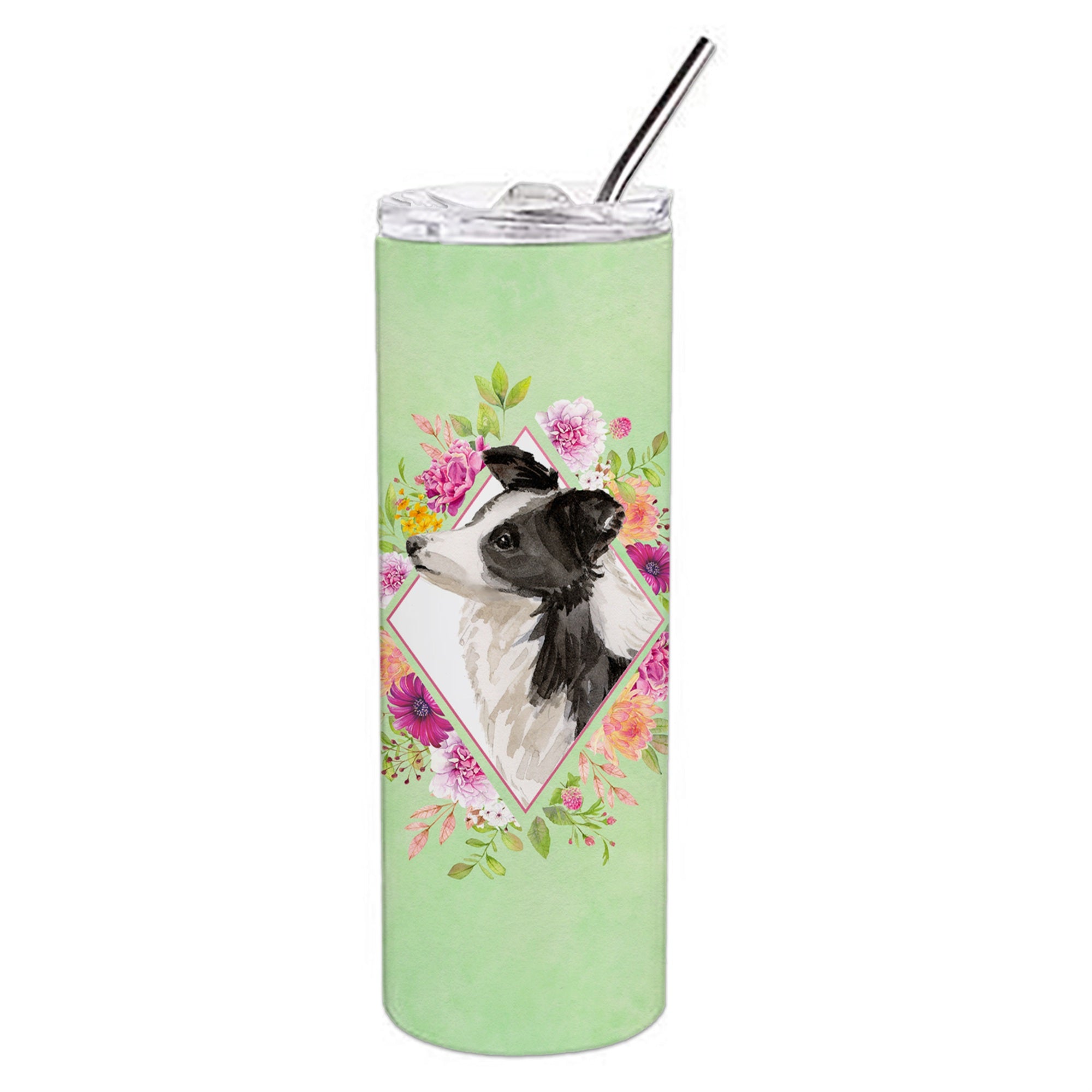 'Caroline'S Treasures Border Collie Green Flowers Double Walled Stainless Steel 20 Oz Skinny Travel-Insulated-Tumblers, Multico