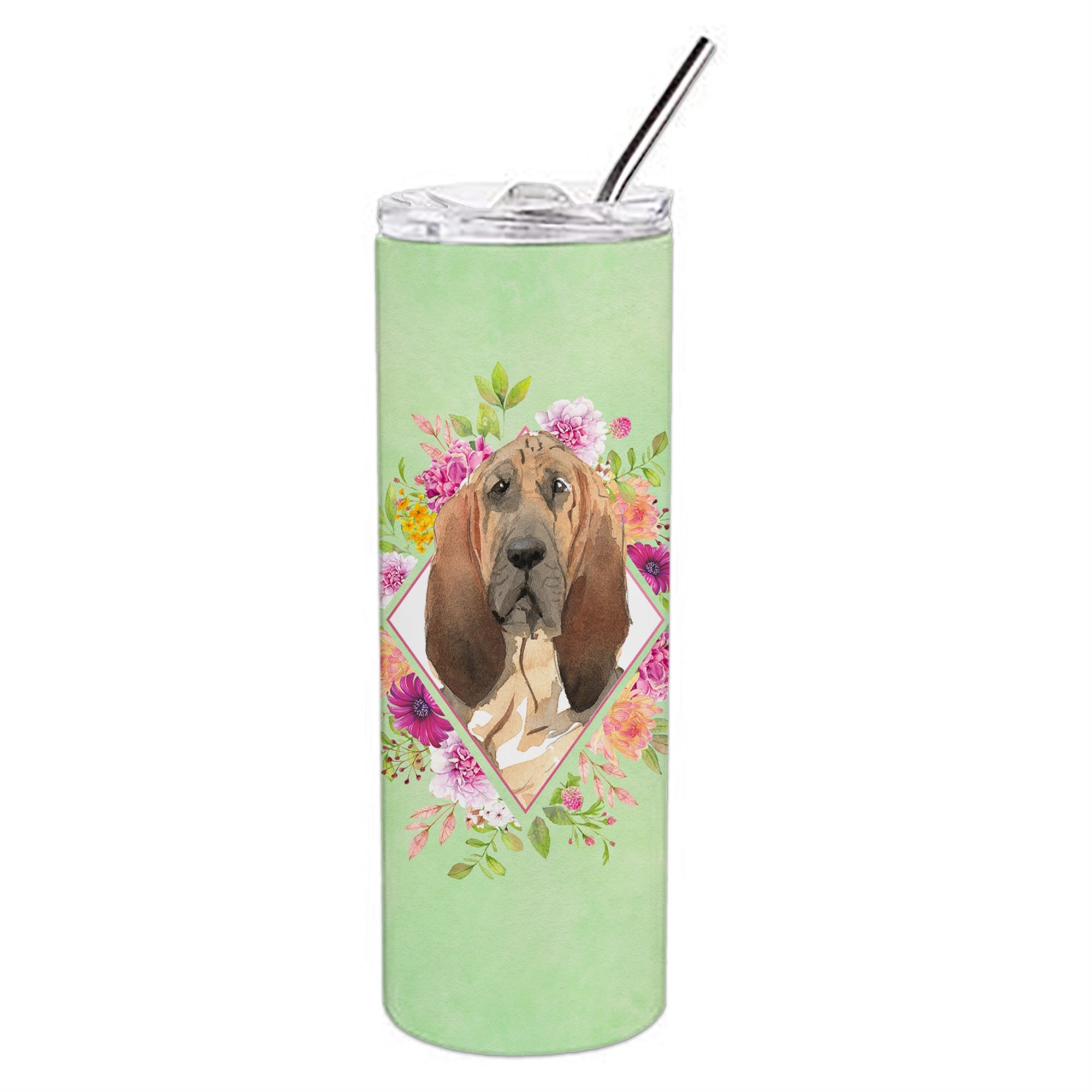 'Caroline'S Treasures Bloodhound Green Flowers Double Walled Stainless Steel 20 Oz Skinny Travel-Insulated-Tumblers, Multicolor