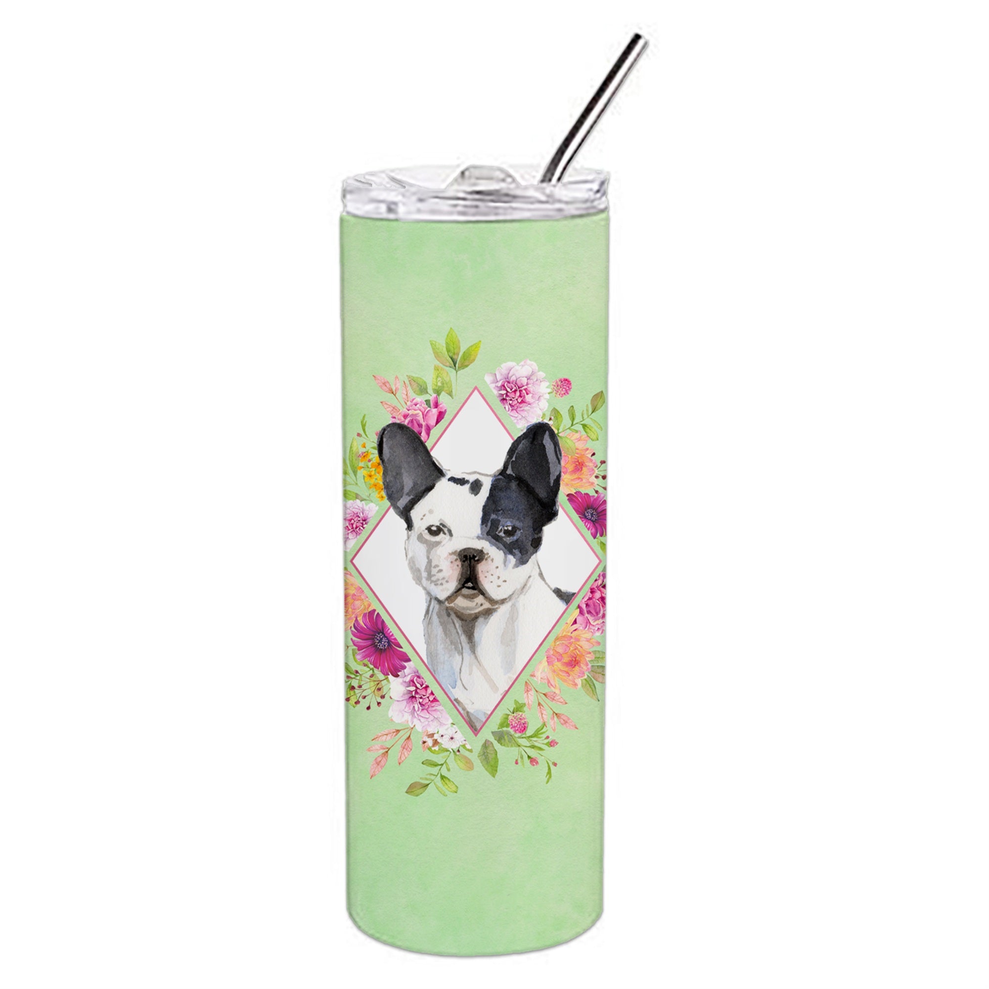 'Caroline'S Treasures Black And White Frenchie Green Flowers Stainless Steel 20 Oz Skinny Travel-Insulated-Tumblers, Multicolor