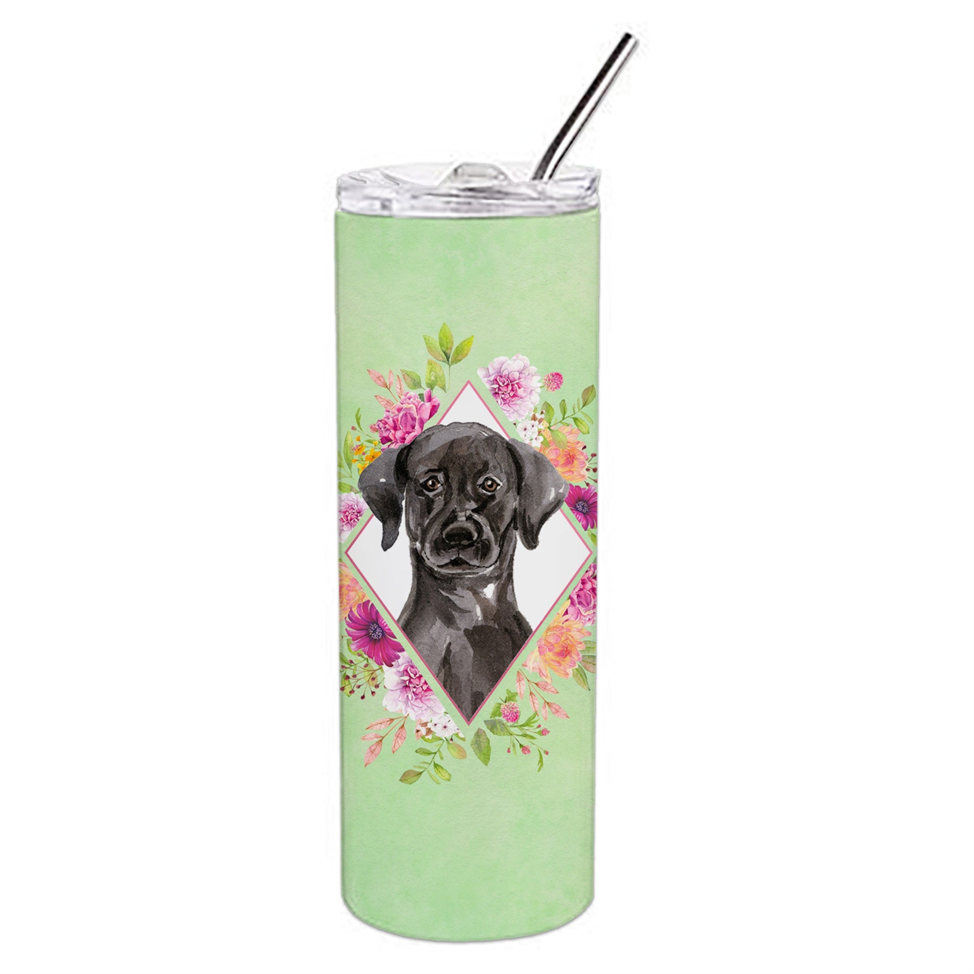 'Caroline'S Treasures Black Labrador Green Flowers Double Walled Stainless Steel 20 Oz Skinny Travel-Insulated-Tumblers, Multic
