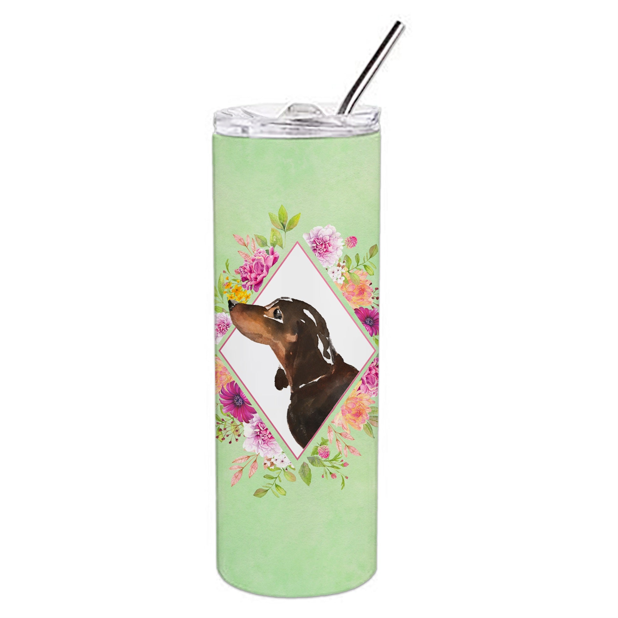 'Caroline'S Treasures Black And Tan Dachshund Green Flowers Stainless Steel 20 Oz Skinny Travel-Insulated-Tumblers, Multicolor'